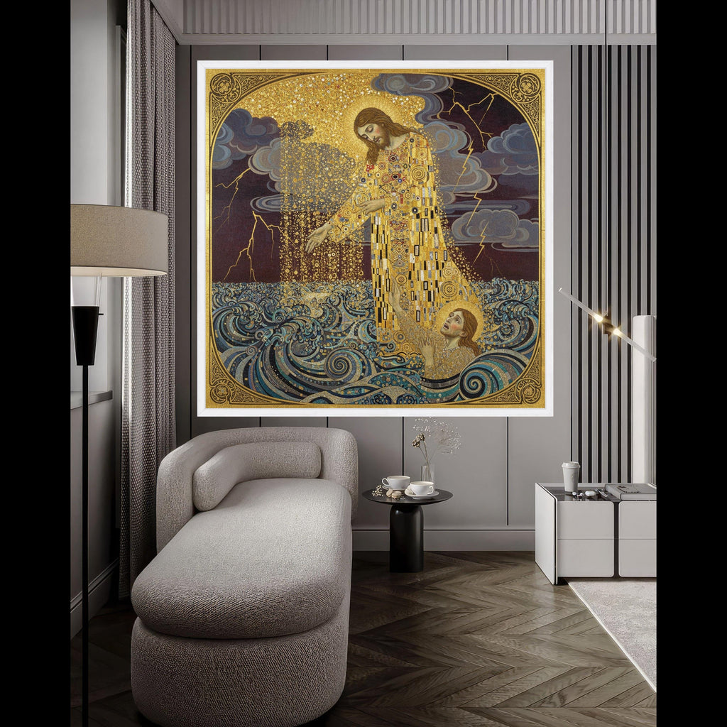 Gustav Klimt Jesus Saving Saint Peter Canvas Wall Art, Religious Gold Embellished Christian Painting, Spiritual Wall Decor, Ready To Hang,
