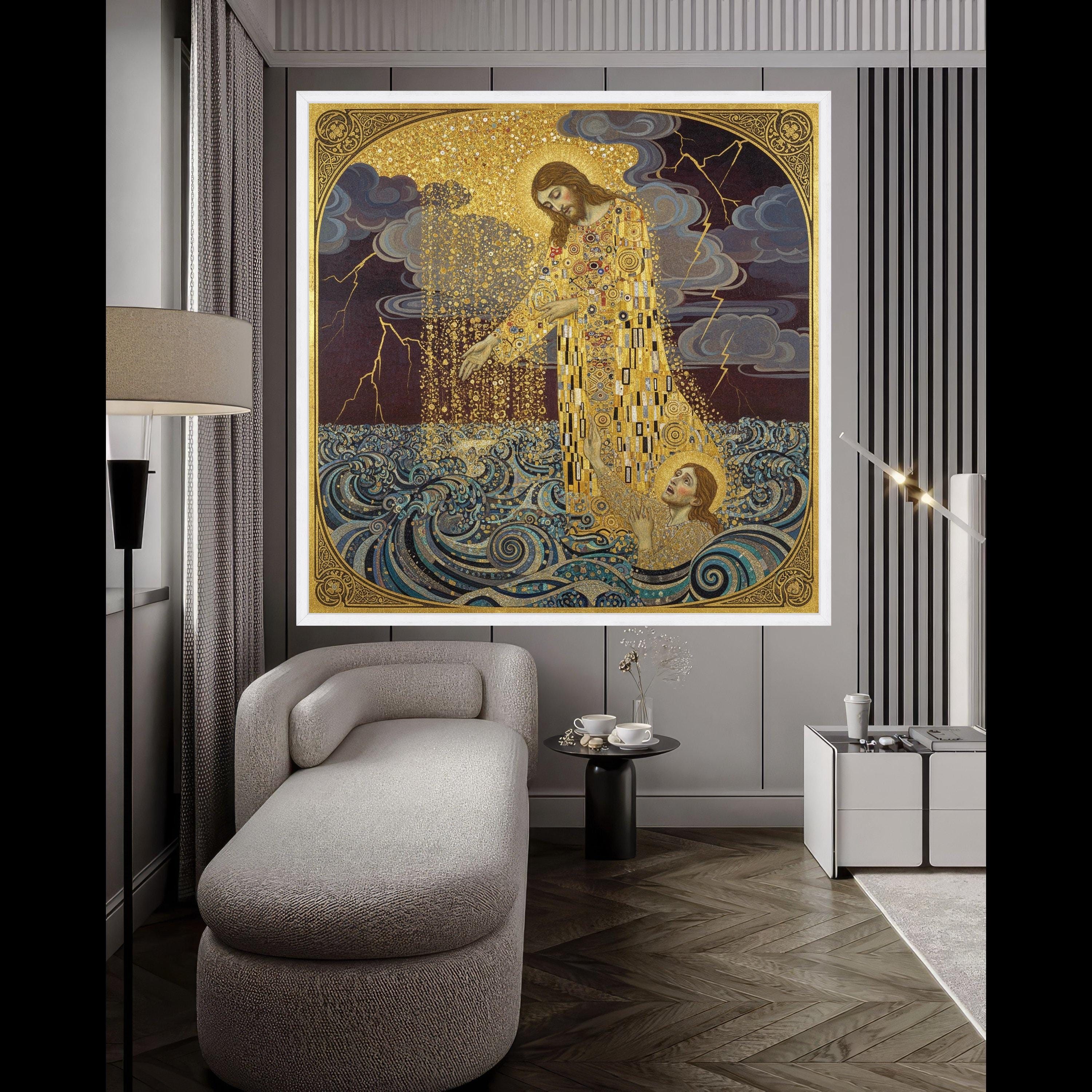 Gustav Klimt Jesus Saving Saint Peter Canvas Wall Art, Religious Gold Embellished Christian Painting, Spiritual Wall Decor, Ready To Hang,