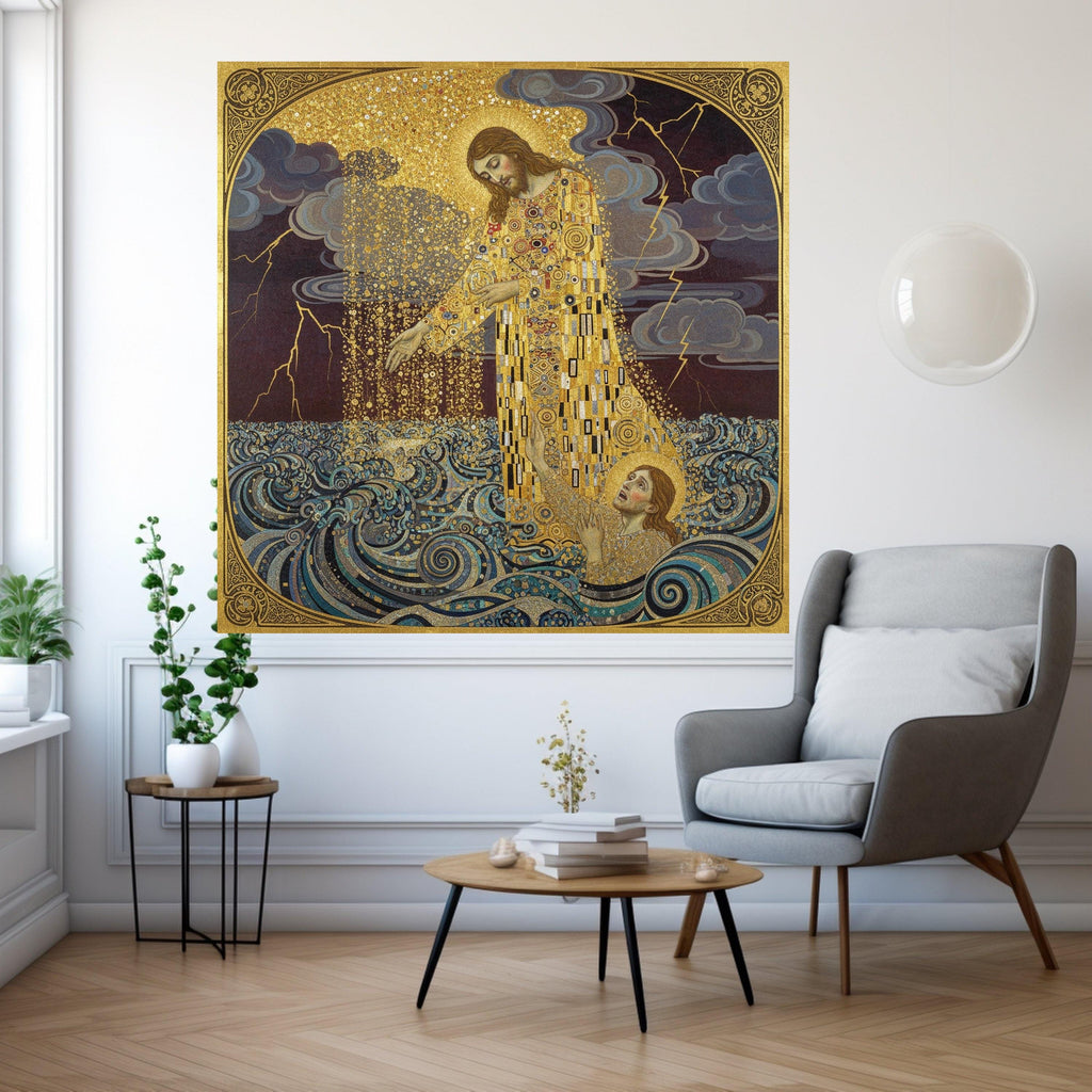Gustav Klimt Jesus Saving Saint Peter Canvas Wall Art, Religious Gold Embellished Christian Painting, Spiritual Wall Decor, Ready To Hang,