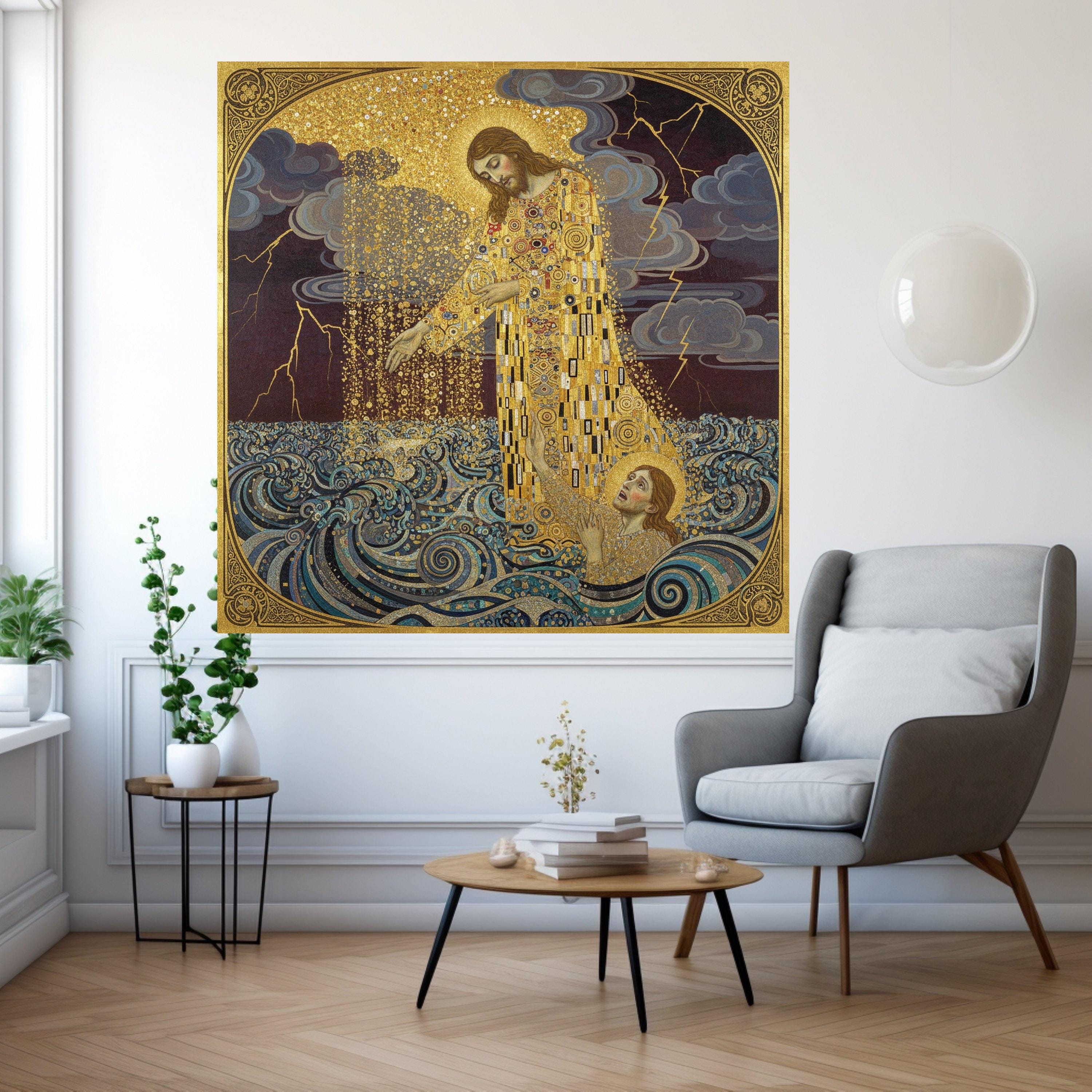 Gustav Klimt Jesus Saving Saint Peter Canvas Wall Art, Religious Gold Embellished Christian Painting, Spiritual Wall Decor, Ready To Hang,