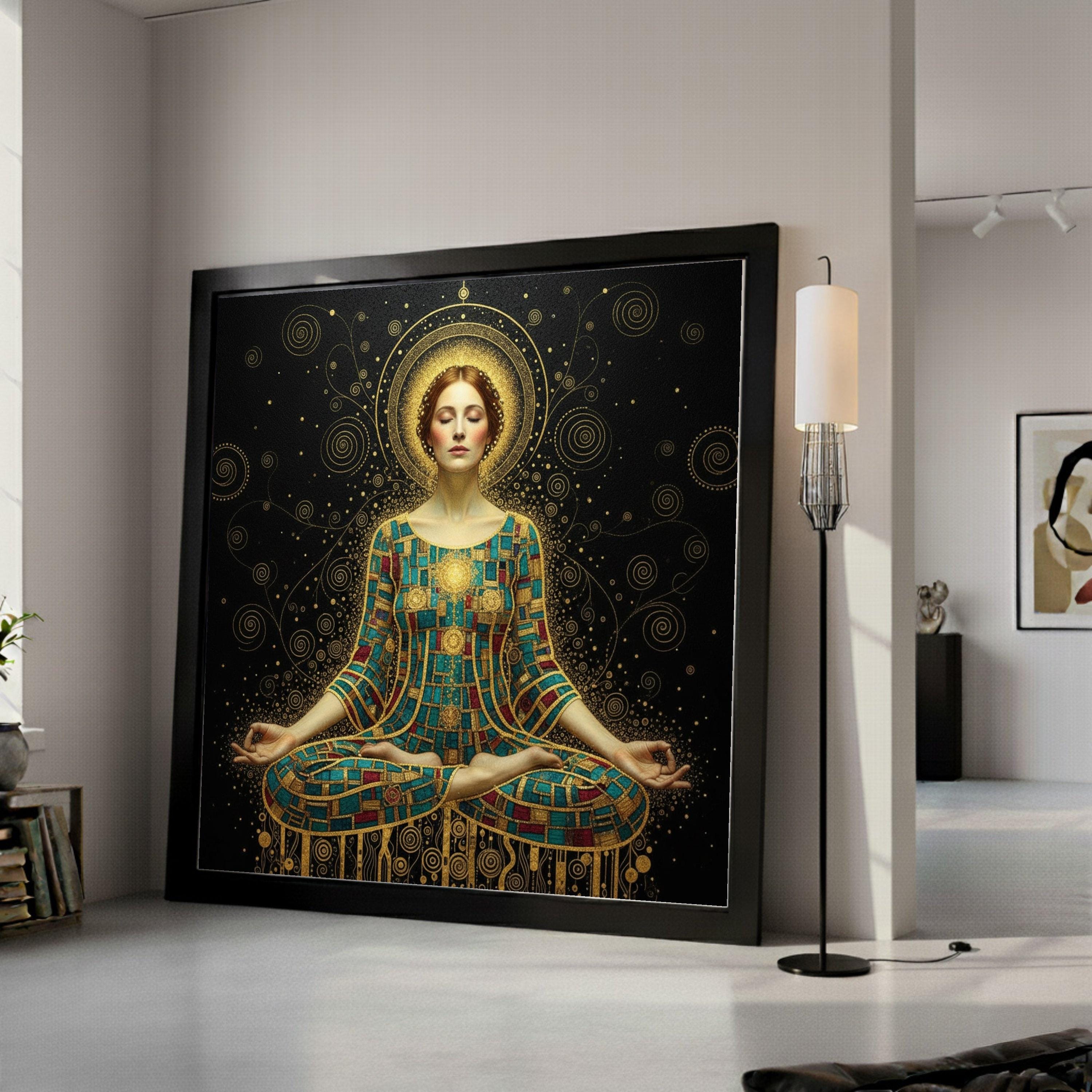 Meditative Woman in Gustav Klimt Art, Gold Mosaic Yoga Canvas, Spiritual Wall Decor, Abstract Female Portrait, Modern Canvas Ready To Hang,
