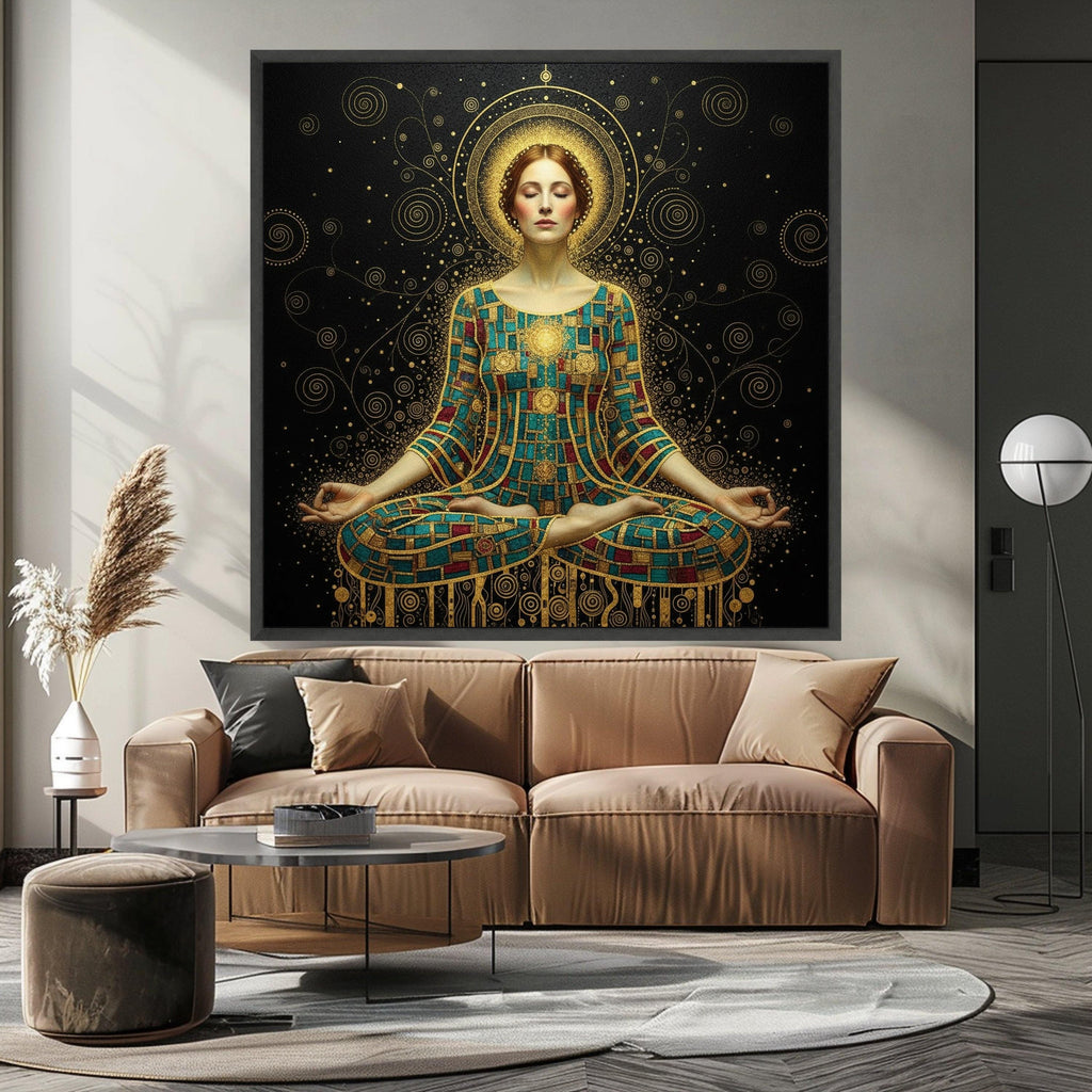 Meditative Woman in Gustav Klimt Art, Gold Mosaic Yoga Canvas, Spiritual Wall Decor, Abstract Female Portrait, Modern Canvas Ready To Hang,