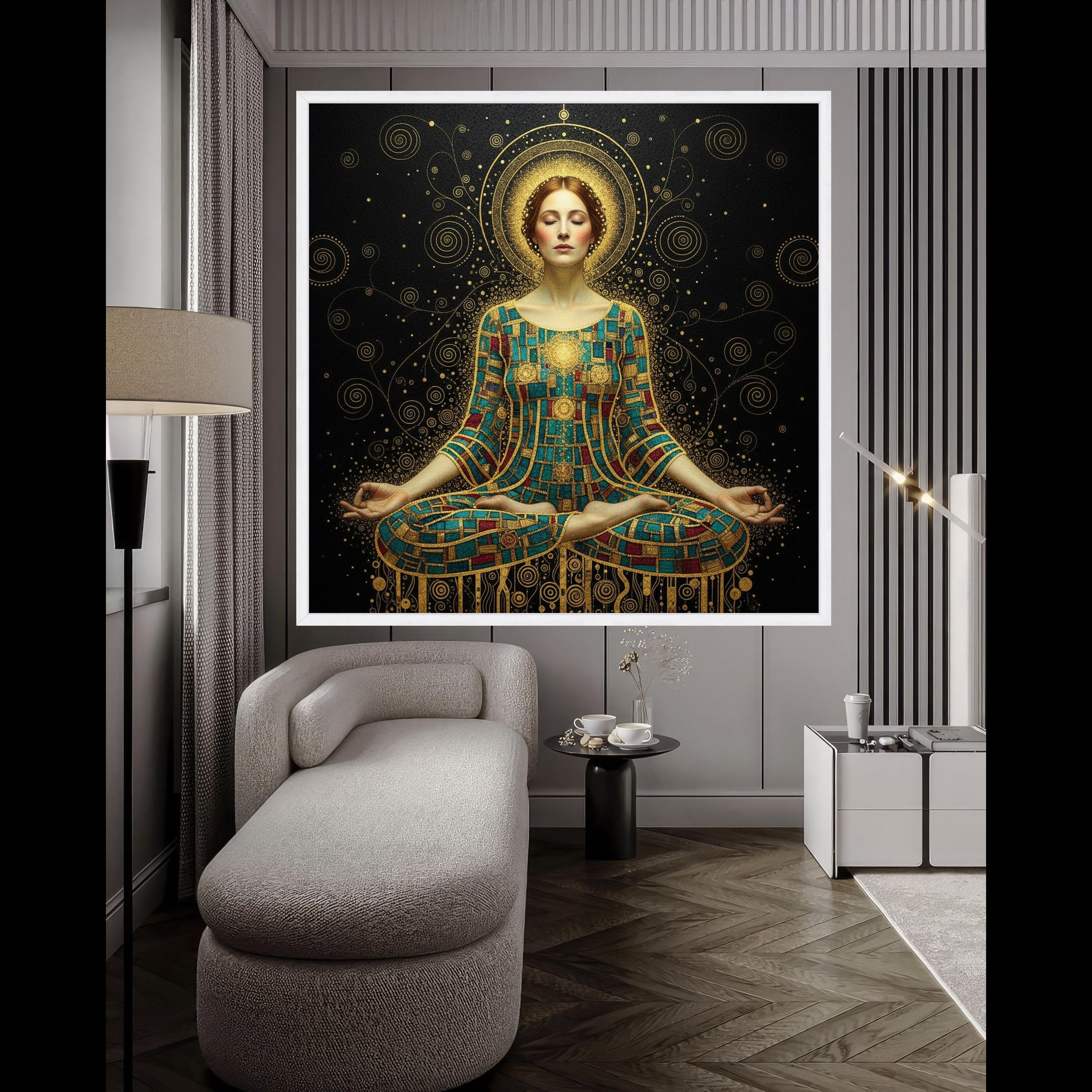 Meditative Woman in Gustav Klimt Art, Gold Mosaic Yoga Canvas, Spiritual Wall Decor, Abstract Female Portrait, Modern Canvas Ready To Hang,