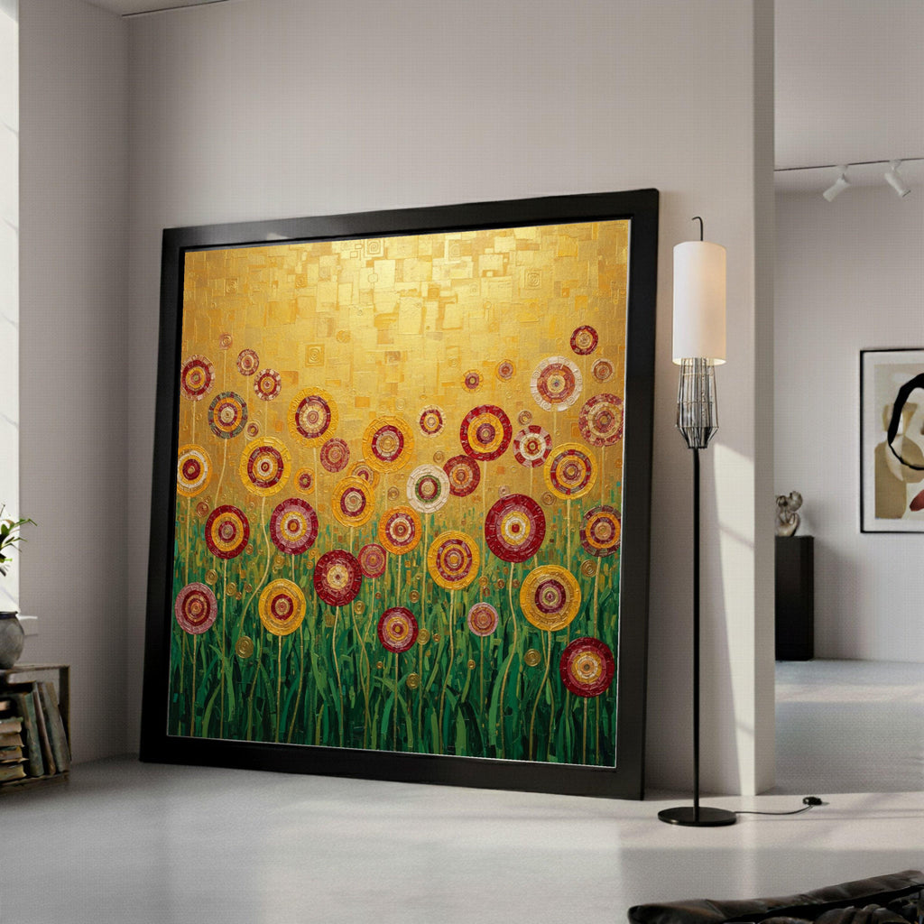 Gustav Klimt Floral Circles Canvas, Abstract Flowers Wall Art, Gold and Red Garden Canvas, Modern Home Decor, Ready to Hang Ready To Hang,