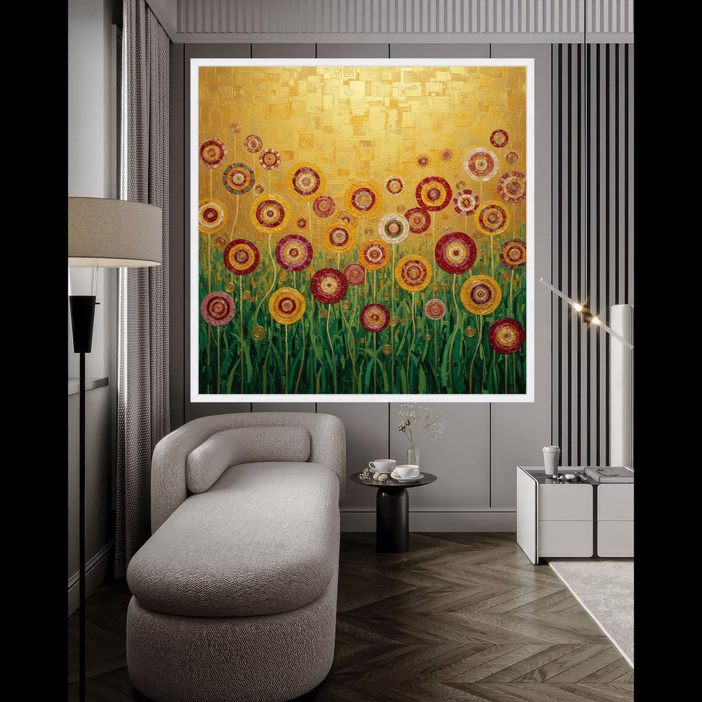 Gustav Klimt Floral Circles Canvas, Abstract Flowers Wall Art, Gold and Red Garden Canvas, Modern Home Decor, Ready to Hang Ready To Hang,