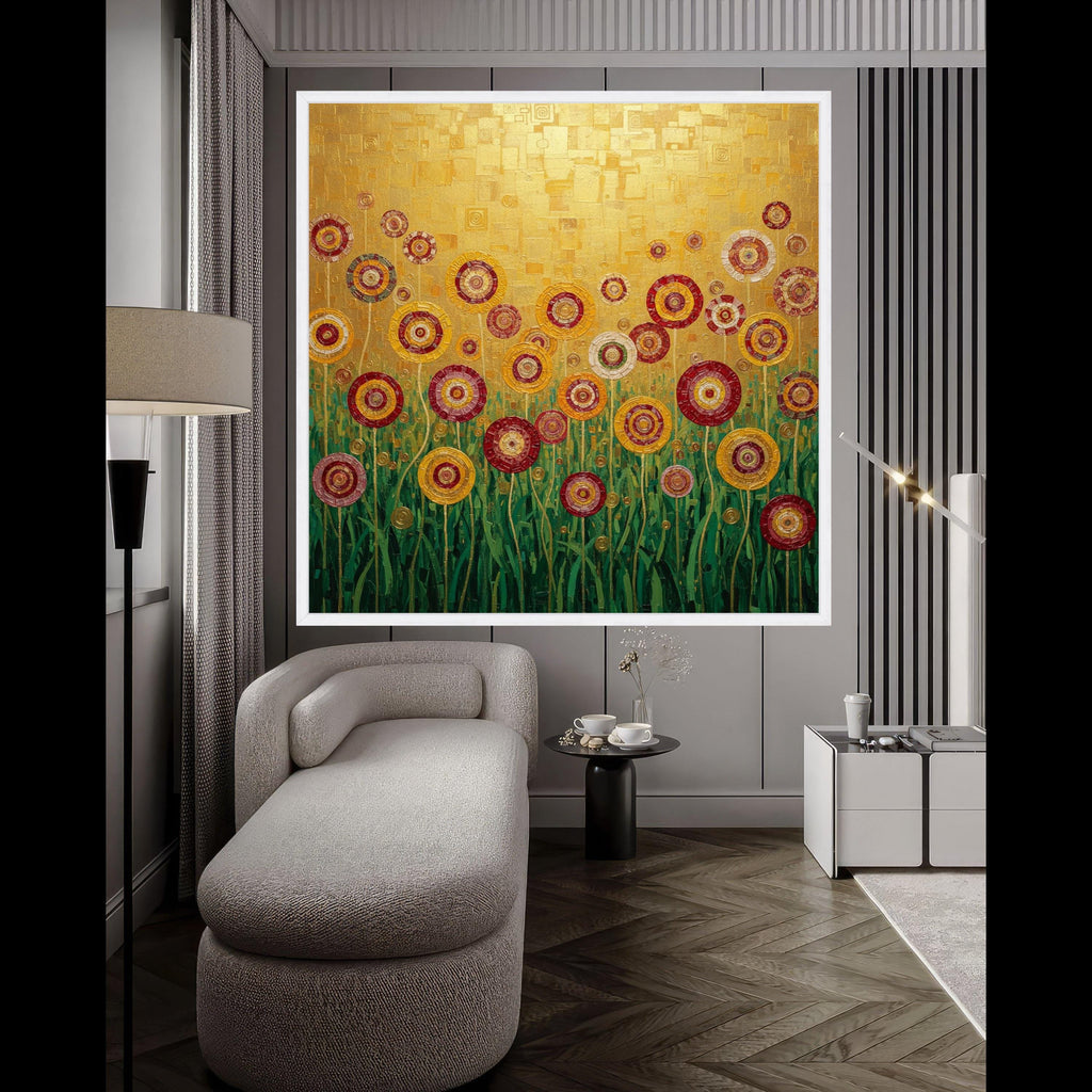 Gustav Klimt Floral Circles Canvas, Abstract Flowers Wall Art, Gold and Red Garden Canvas, Modern Home Decor, Ready to Hang Ready To Hang,