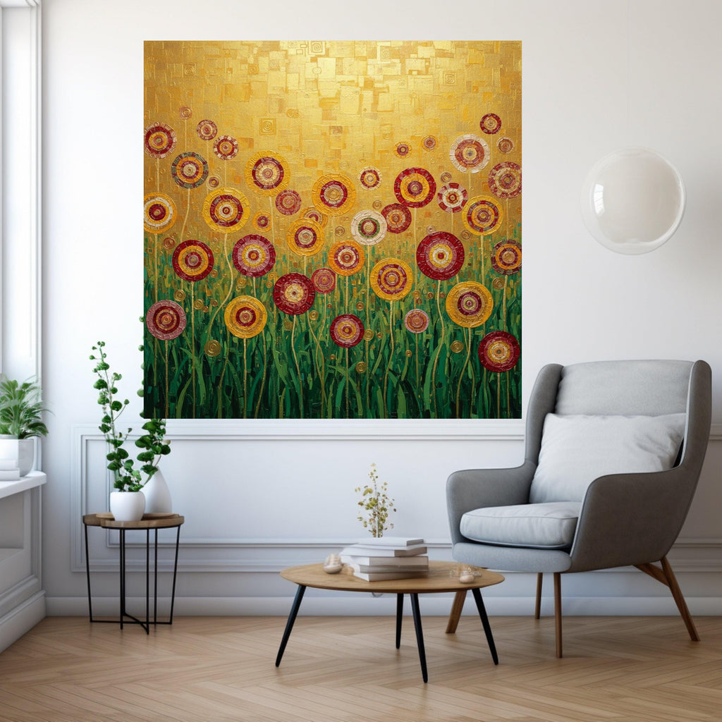 Gustav Klimt Floral Circles Canvas, Abstract Flowers Wall Art, Gold and Red Garden Canvas, Modern Home Decor, Ready to Hang Ready To Hang,
