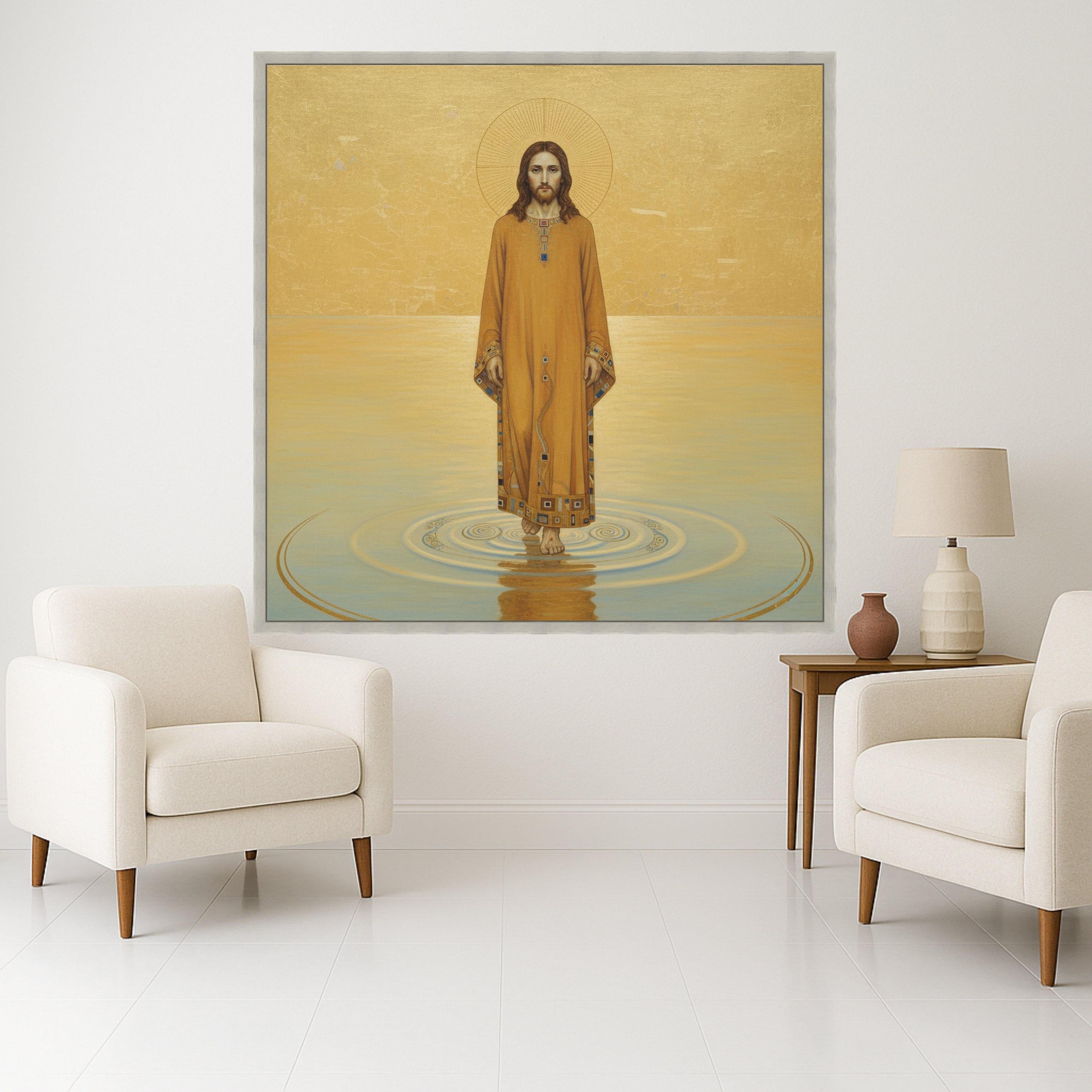 Gustav Klimt Jesus Walking on Water Canvas Wall Art, Religious Icon Canvas, Spiritual Christian Artwork, Gold Tone Home Ready To Hang,