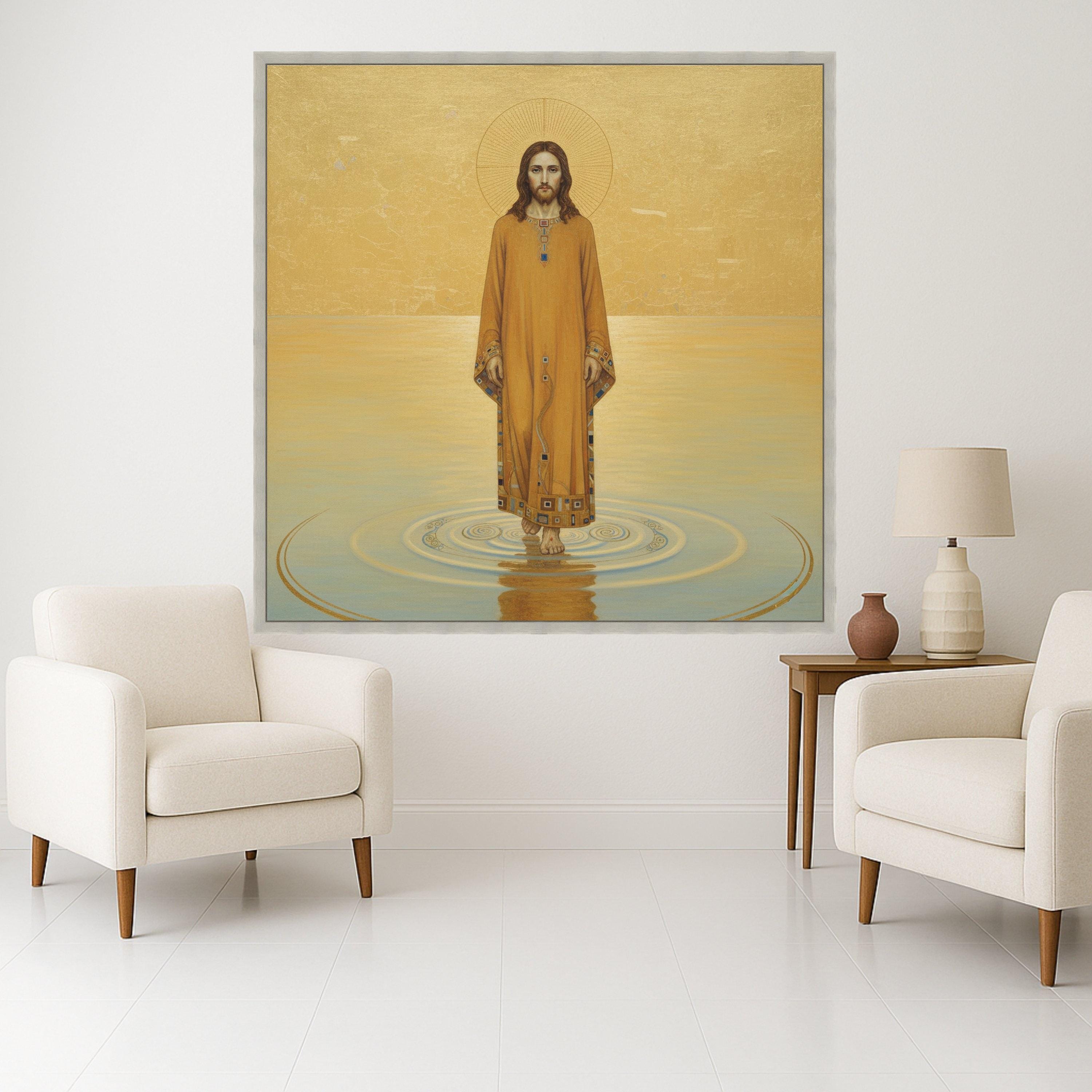 Gustav Klimt Jesus Walking on Water Canvas Wall Art, Religious Icon Canvas, Spiritual Christian Artwork, Gold Tone Home Ready To Hang,