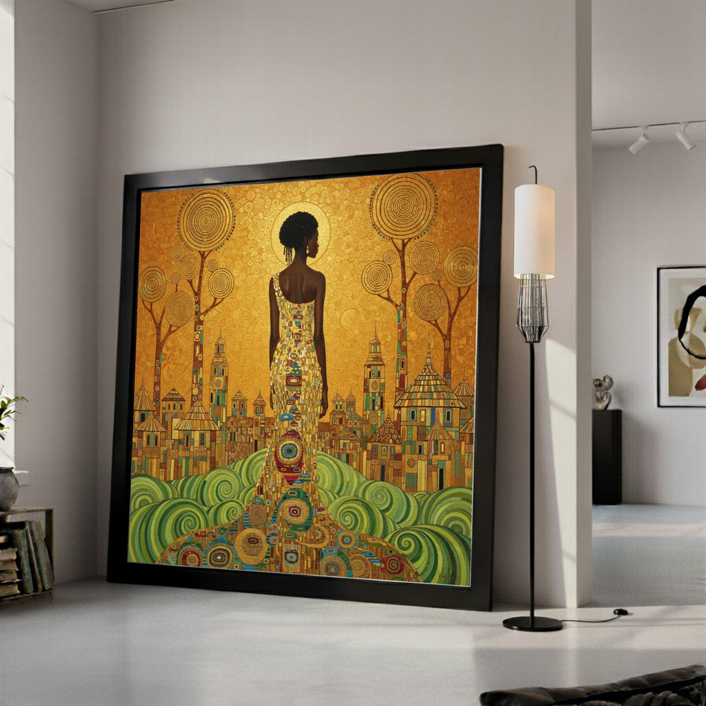 Gustav Klimt Elegant Woman Canvas Wall Art, Gold and Green Abstract Cityscape, Modern Figurative Canvas, Stylish Home Ready To Hang,
