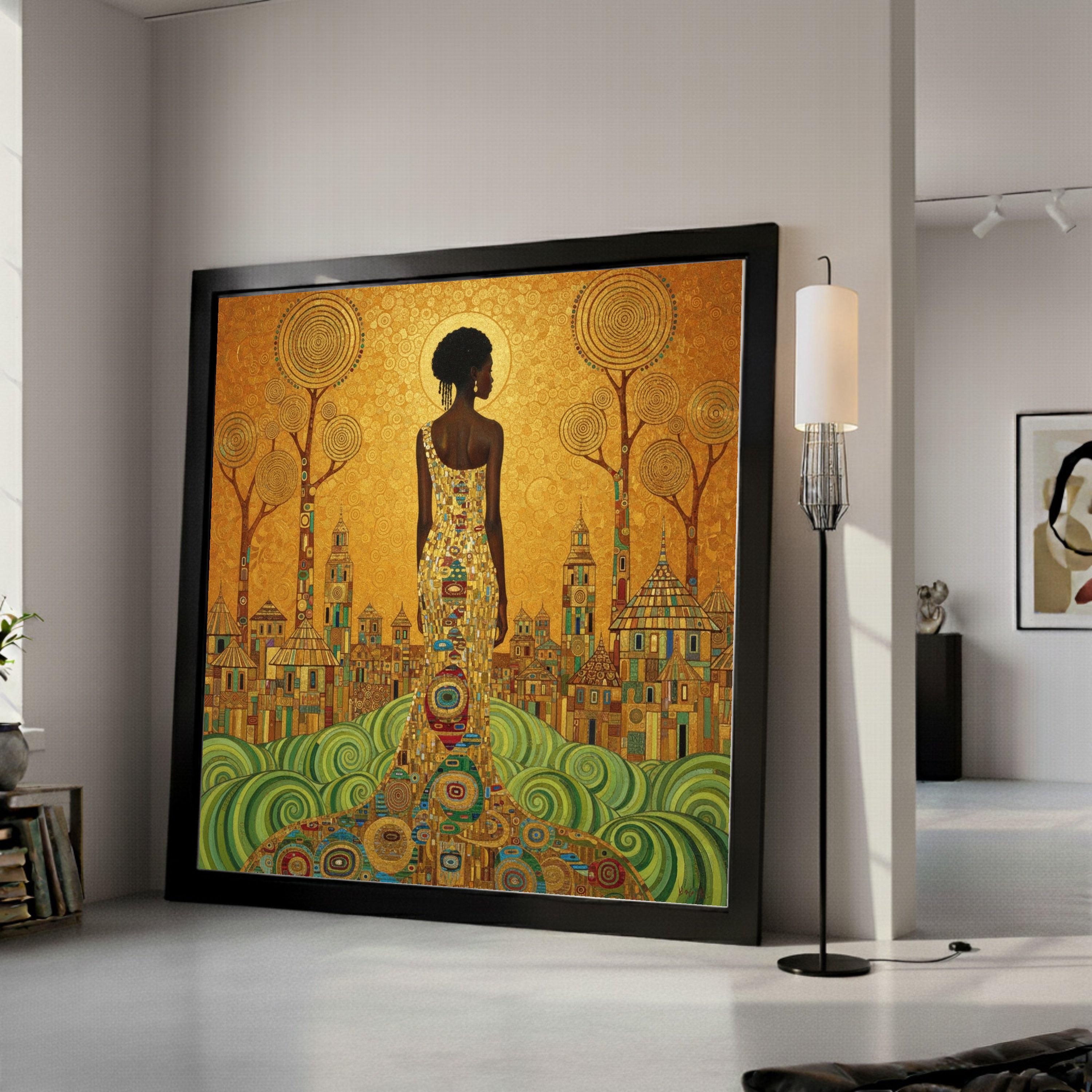 Gustav Klimt Elegant Woman Canvas Wall Art, Gold and Green Abstract Cityscape, Modern Figurative Canvas, Stylish Home Ready To Hang,
