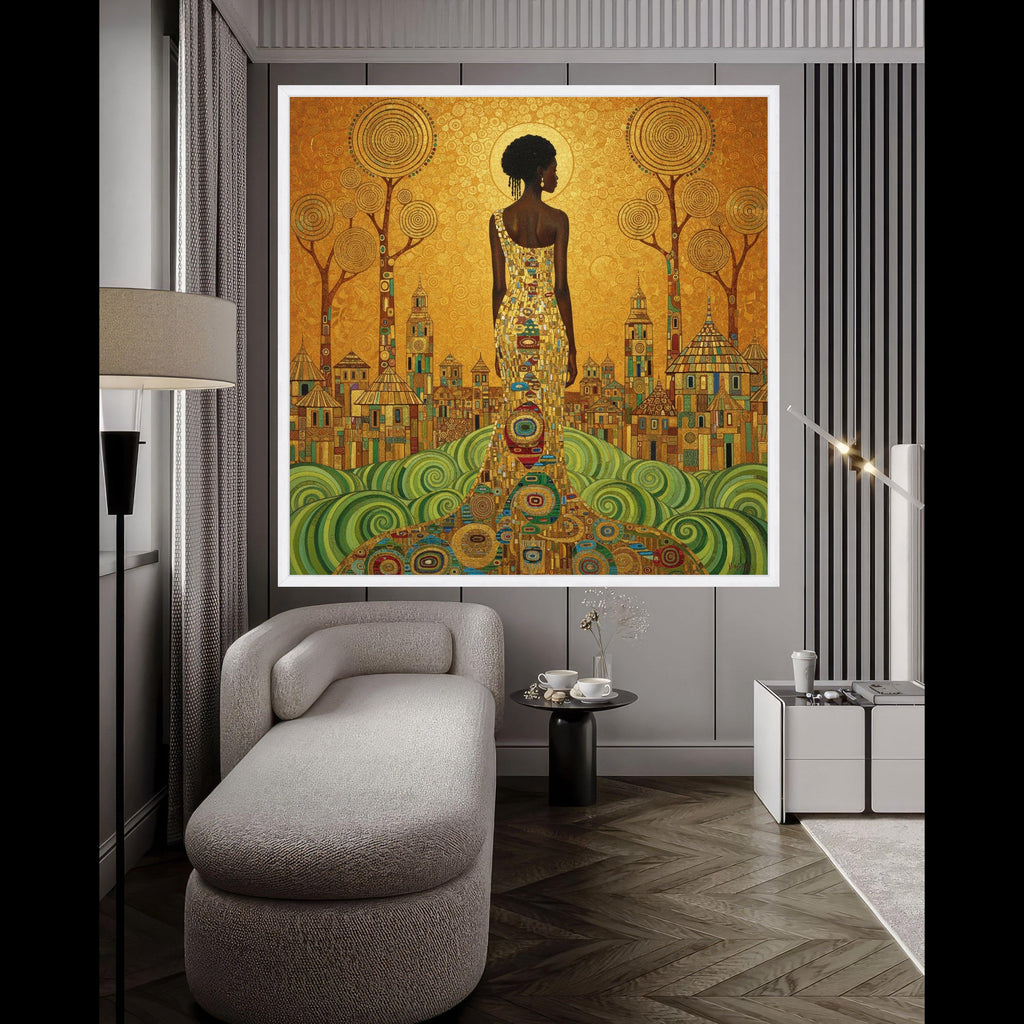 Gustav Klimt Elegant Woman Canvas Wall Art, Gold and Green Abstract Cityscape, Modern Figurative Canvas, Stylish Home Ready To Hang,