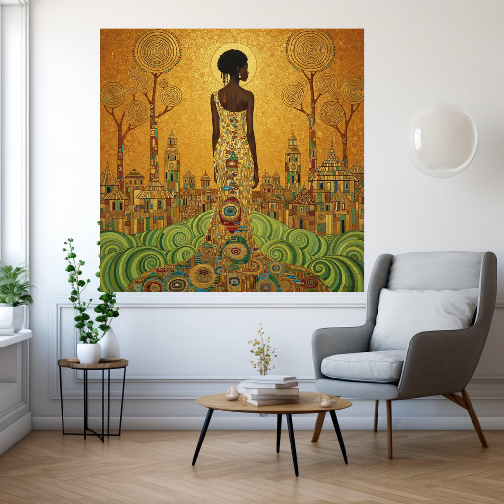 Gustav Klimt Elegant Woman Canvas Wall Art, Gold and Green Abstract Cityscape, Modern Figurative Canvas, Stylish Home Ready To Hang,