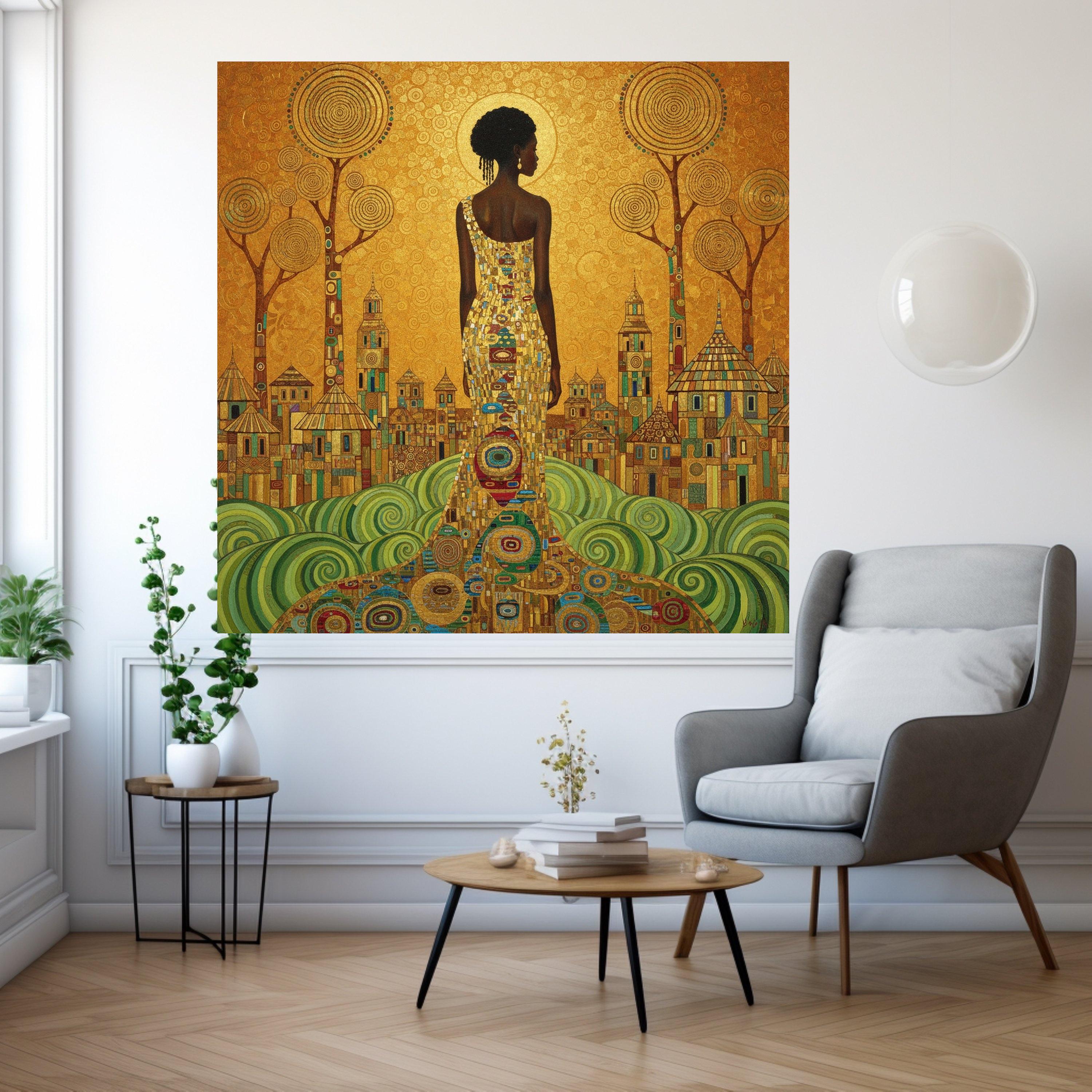 Gustav Klimt Elegant Woman Canvas Wall Art, Gold and Green Abstract Cityscape, Modern Figurative Canvas, Stylish Home Ready To Hang,