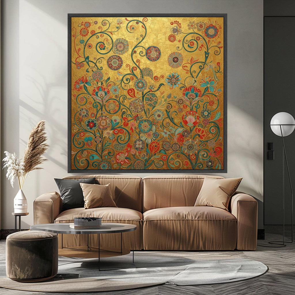 Gustav Klimt Floral Gold Canvas Wall Art, Decorative Flowers Canvas, Ornamental Nature Wall Decor, Elegant Home Decoration, Ready To Hang,