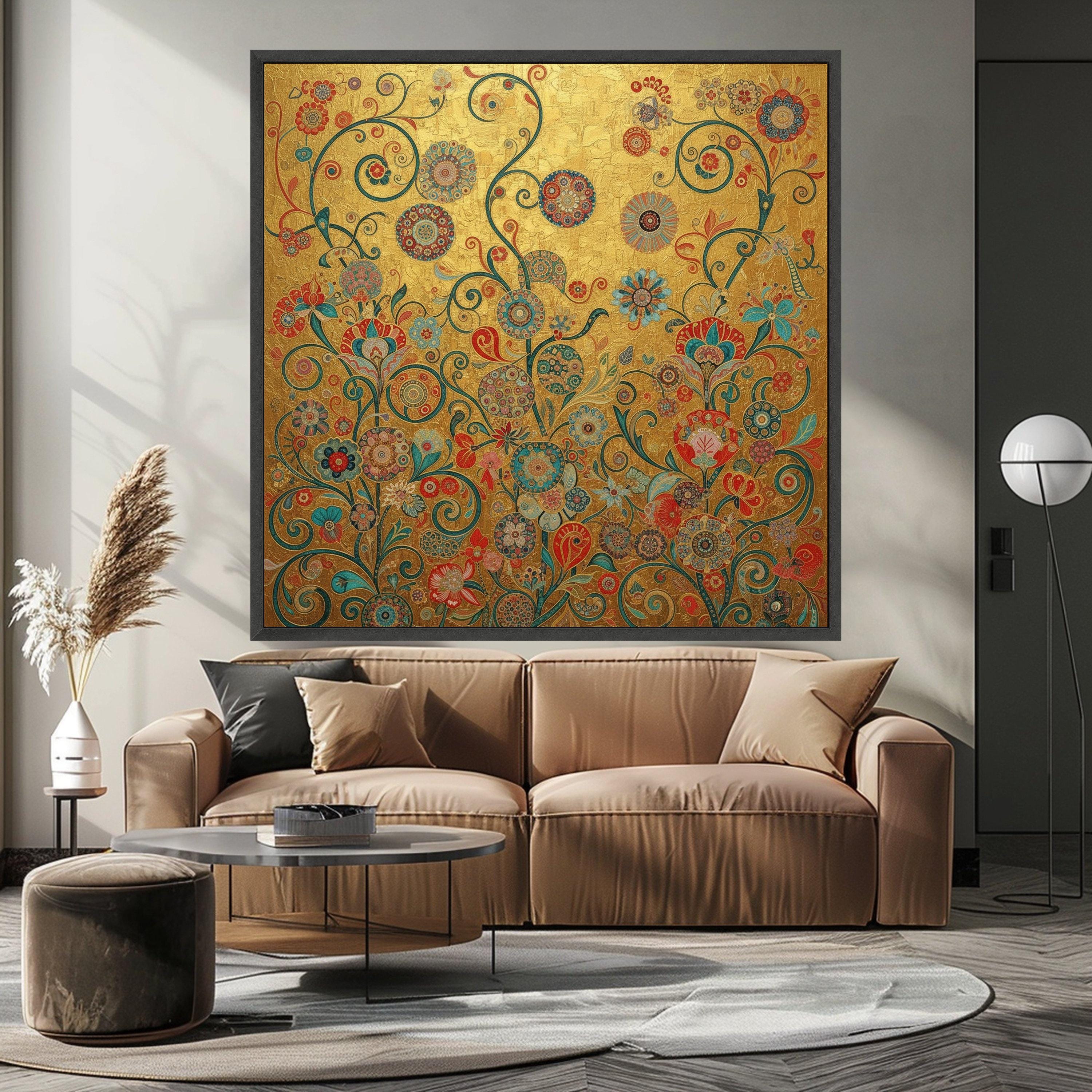 Gustav Klimt Floral Gold Canvas Wall Art, Decorative Flowers Canvas, Ornamental Nature Wall Decor, Elegant Home Decoration, Ready To Hang,