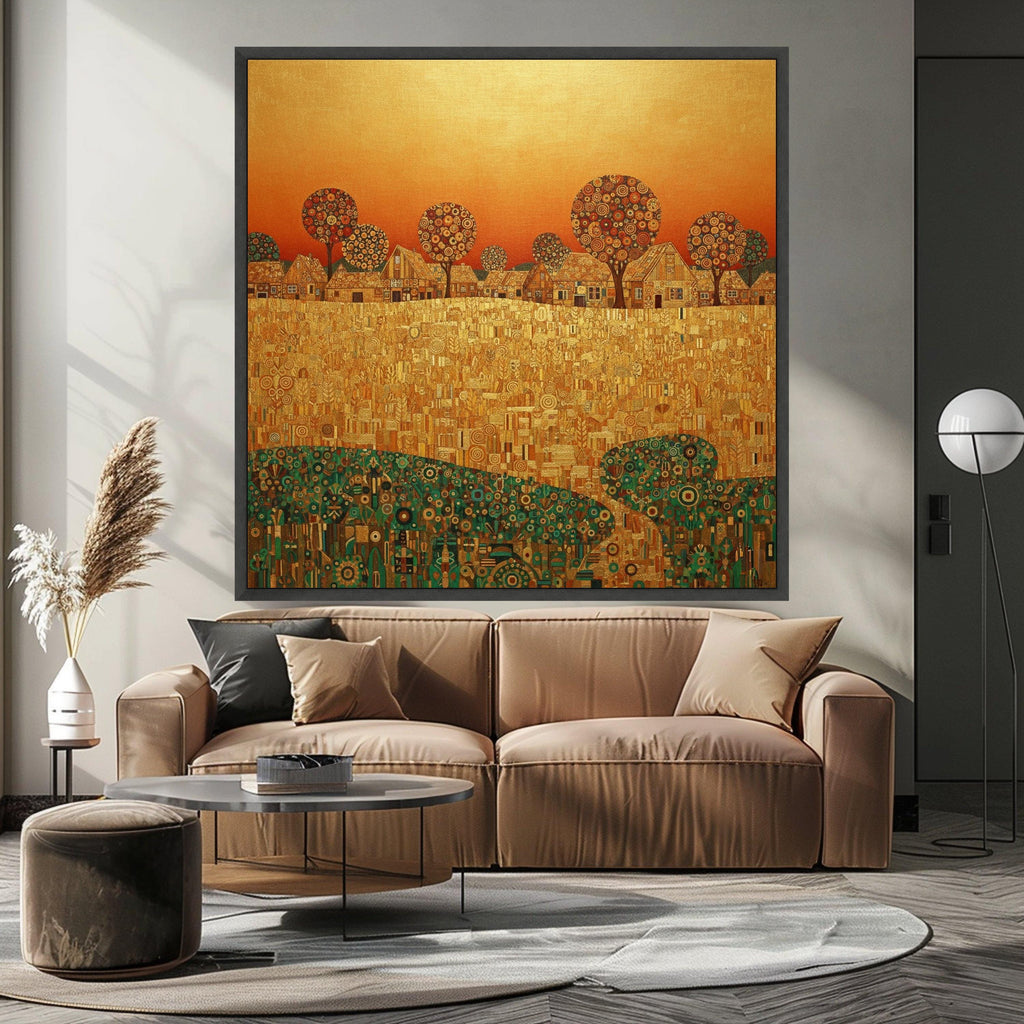 Gustav Klimt Golden Village Canvas Wall Art, Decorative Abstract Landscape, Autumn Trees and Houses, Modern Home Decor, Ready Ready To Hang,