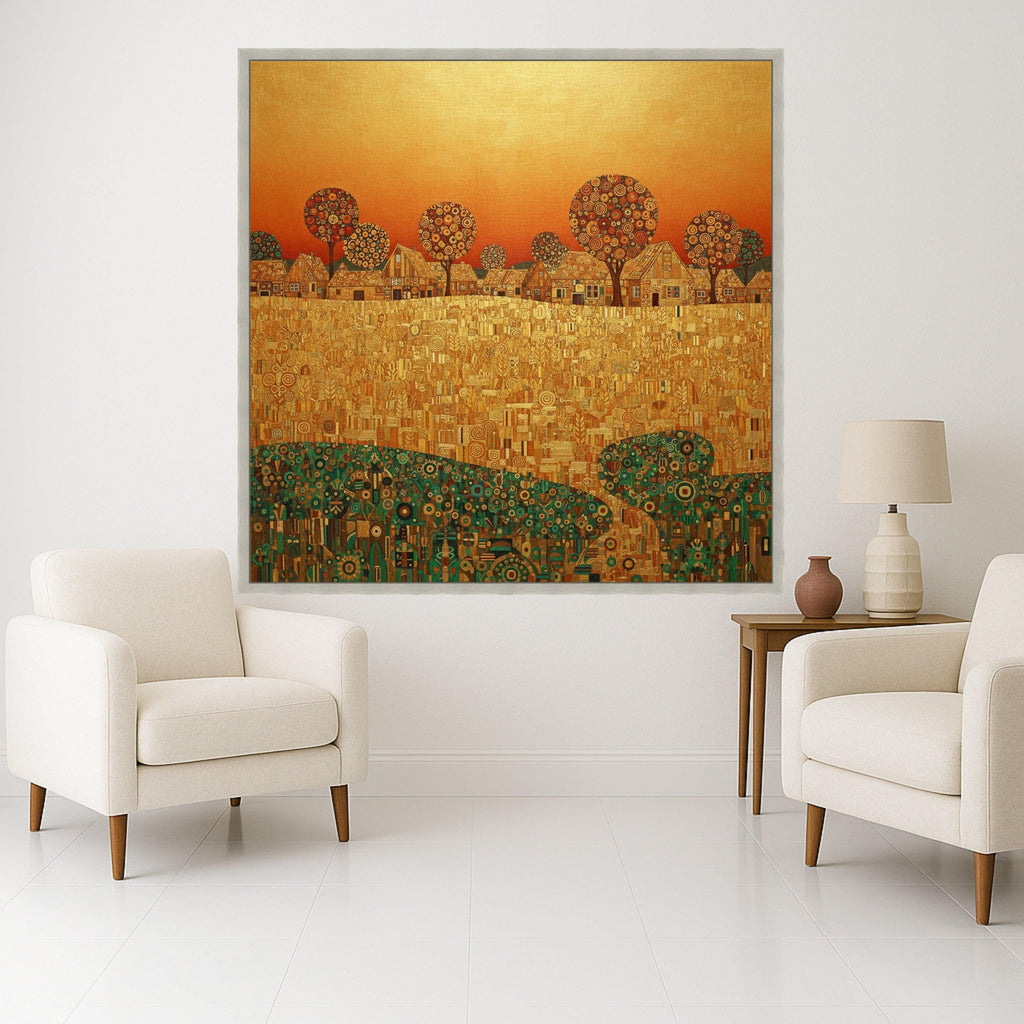Gustav Klimt Golden Village Canvas Wall Art, Decorative Abstract Landscape, Autumn Trees and Houses, Modern Home Decor, Ready Ready To Hang,
