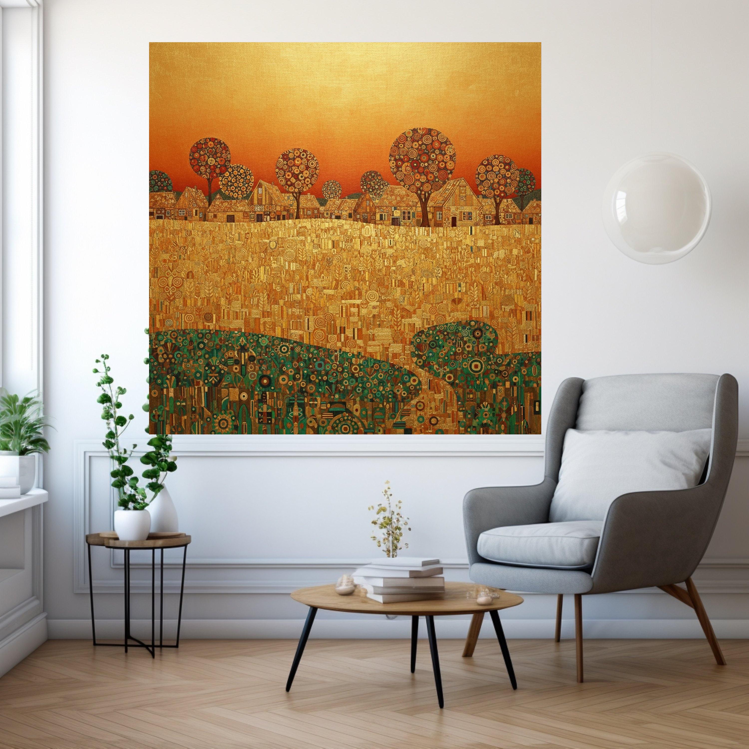 Gustav Klimt Golden Village Canvas Wall Art, Decorative Abstract Landscape, Autumn Trees and Houses, Modern Home Decor, Ready Ready To Hang,