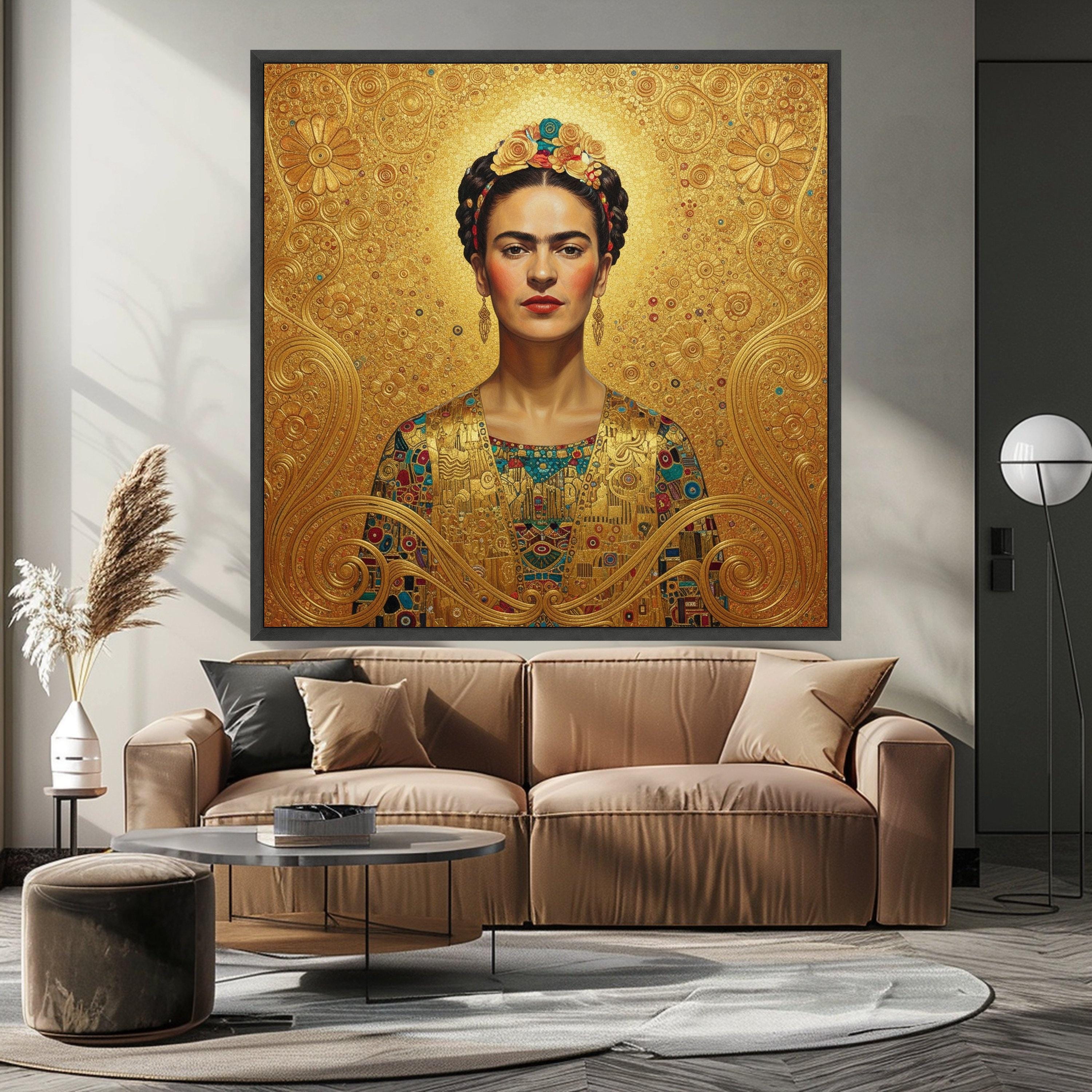 Gustav Klimt Inspired Portrait Canvas, Golden Floral Design Wall Art, Decorative Home Canvas, Elegant Female Figure Painting, Ready To Hang,