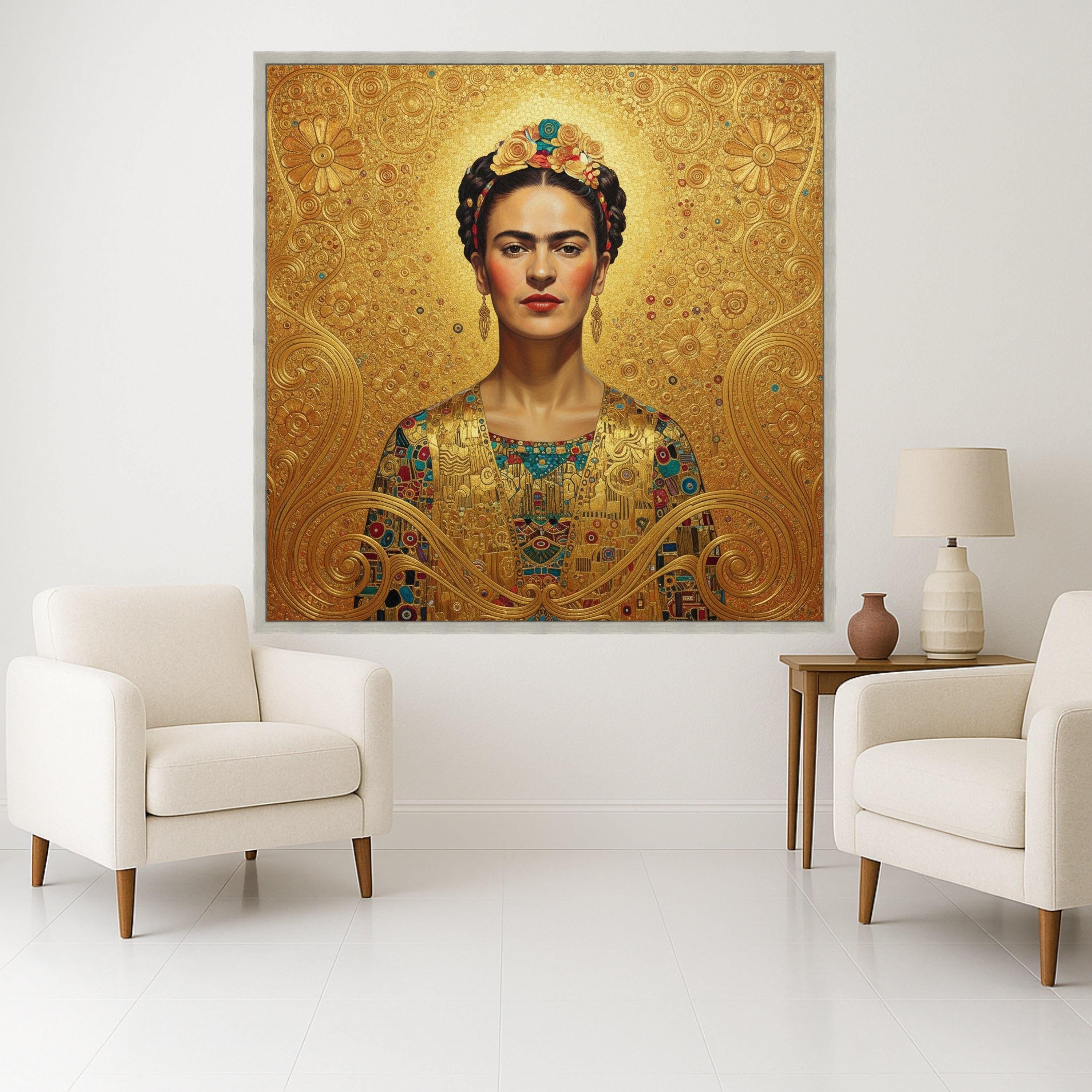 Gustav Klimt Inspired Portrait Canvas, Golden Floral Design Wall Art, Decorative Home Canvas, Elegant Female Figure Painting, Ready To Hang,