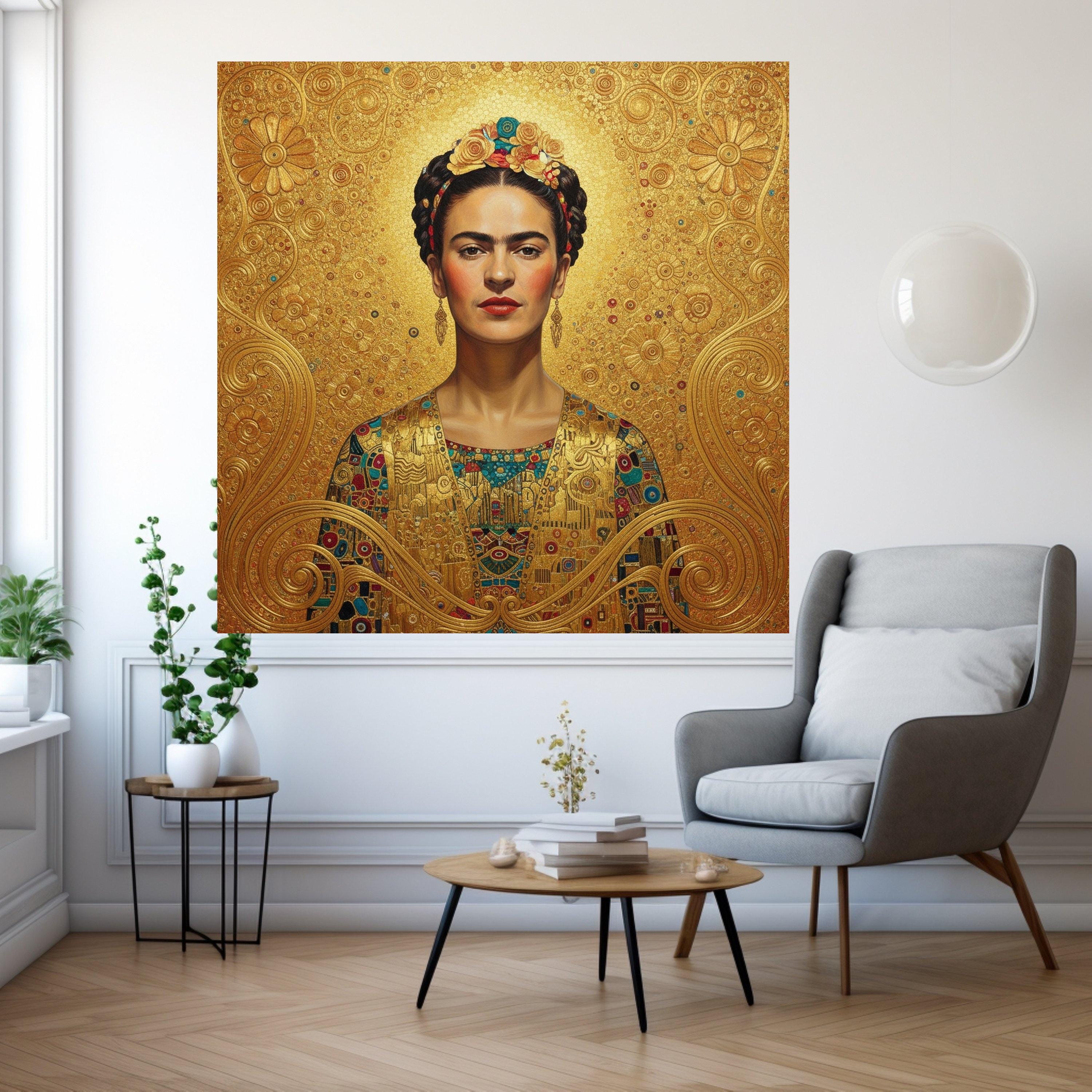 Gustav Klimt Inspired Portrait Canvas, Golden Floral Design Wall Art, Decorative Home Canvas, Elegant Female Figure Painting, Ready To Hang,