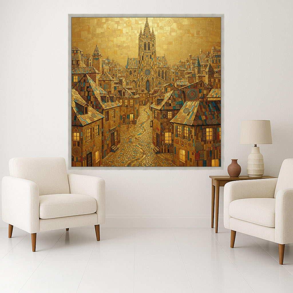 Gustav Klimt Cityscape Canvas Wall Art, Golden Urban Landscape, Decorative European Architecture, Ornate Town Street Canvas, Ready To Hang,