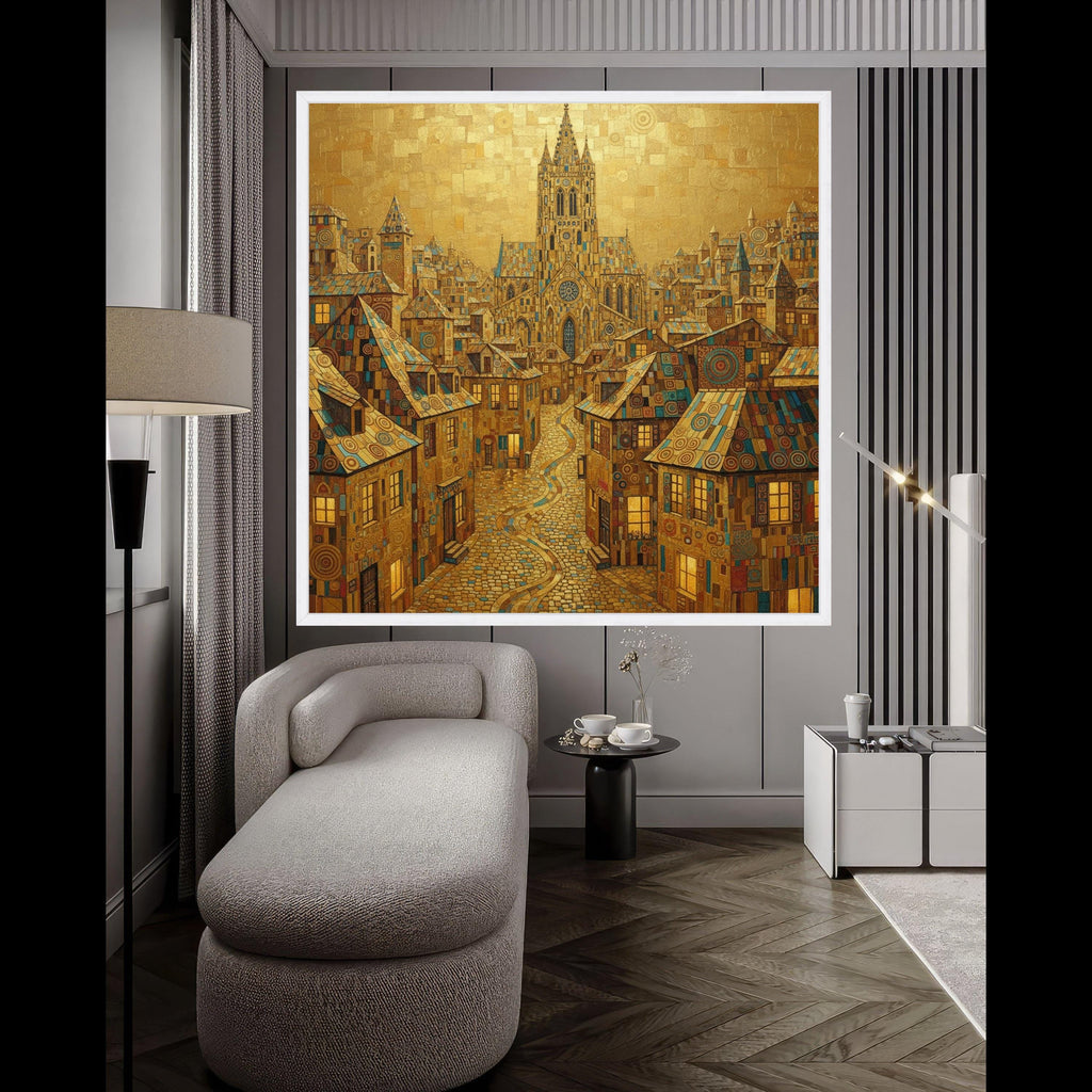 Gustav Klimt Cityscape Canvas Wall Art, Golden Urban Landscape, Decorative European Architecture, Ornate Town Street Canvas, Ready To Hang,