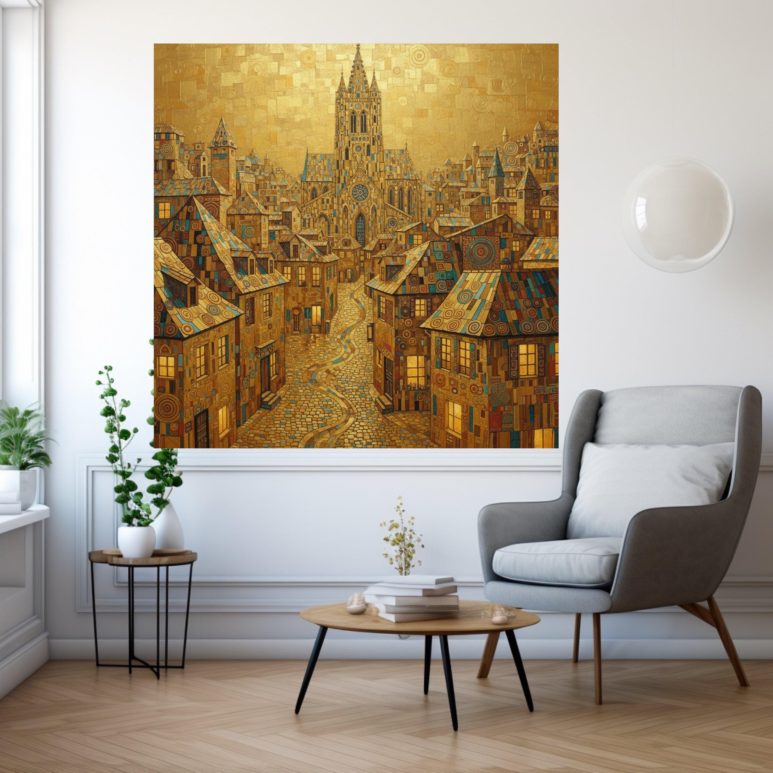 Gustav Klimt Cityscape Canvas Wall Art, Golden Urban Landscape, Decorative European Architecture, Ornate Town Street Canvas, Ready To Hang,