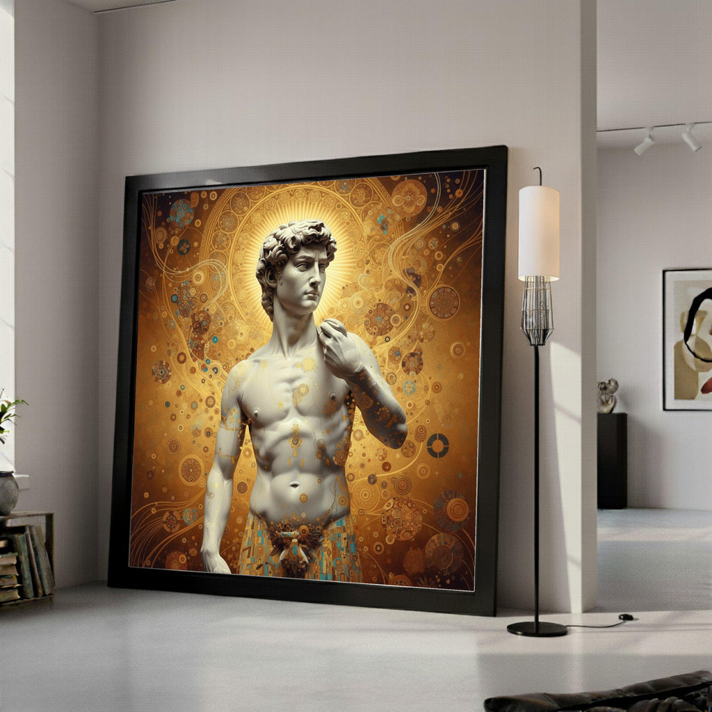 Classical David Sculpture Canvas with Gustav Klimt Gold Pattern, Renaissance Art Wall Decor, Decorative Canvas for Home, Ready To Hang,