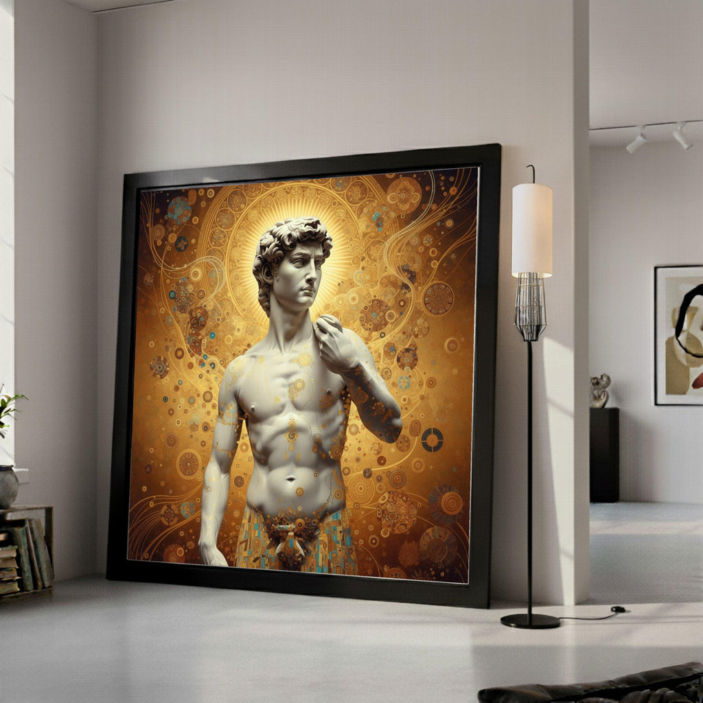 Classical David Sculpture Canvas with Gustav Klimt Gold Pattern, Renaissance Art Wall Decor, Decorative Canvas for Home, Ready To Hang,