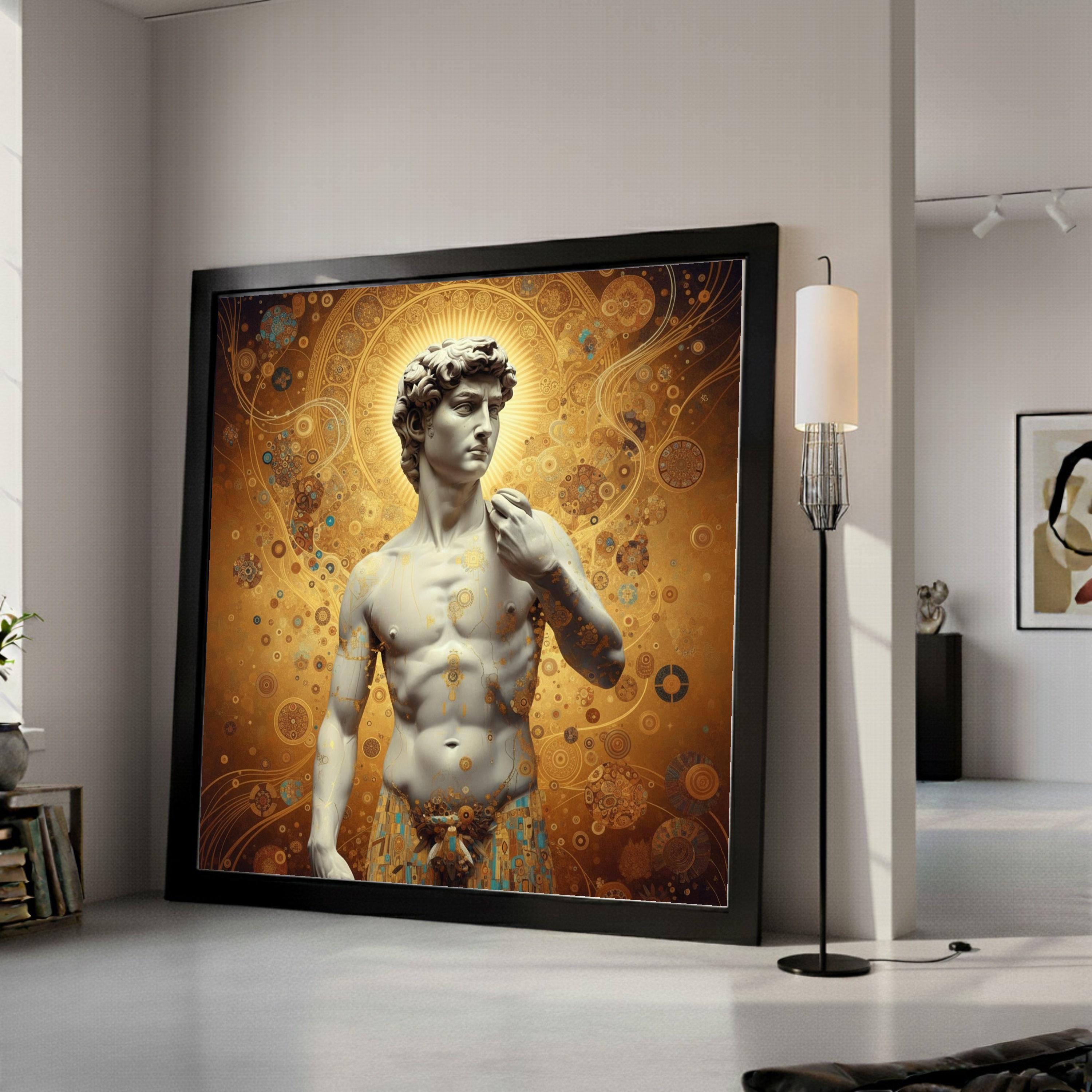 Classical David Sculpture Canvas with Gustav Klimt Gold Pattern, Renaissance Art Wall Decor, Decorative Canvas for Home, Ready To Hang,