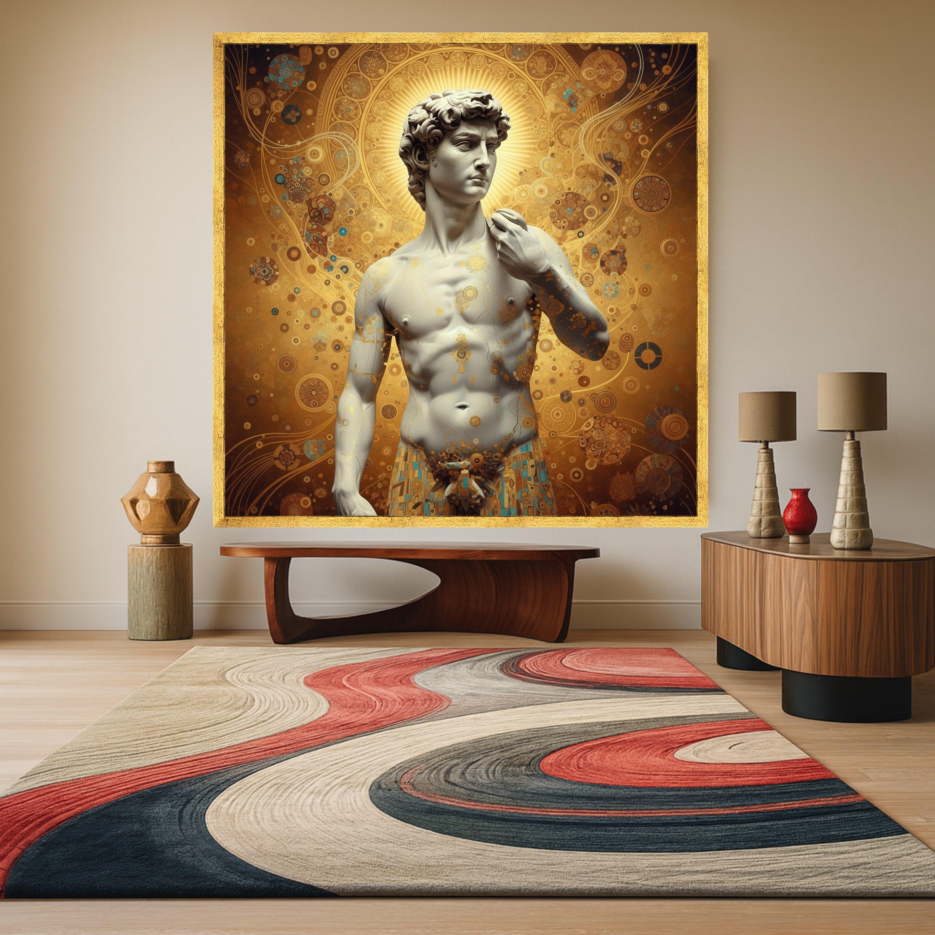 Classical David Sculpture Canvas with Gustav Klimt Gold Pattern, Renaissance Art Wall Decor, Decorative Canvas for Home, Ready To Hang,