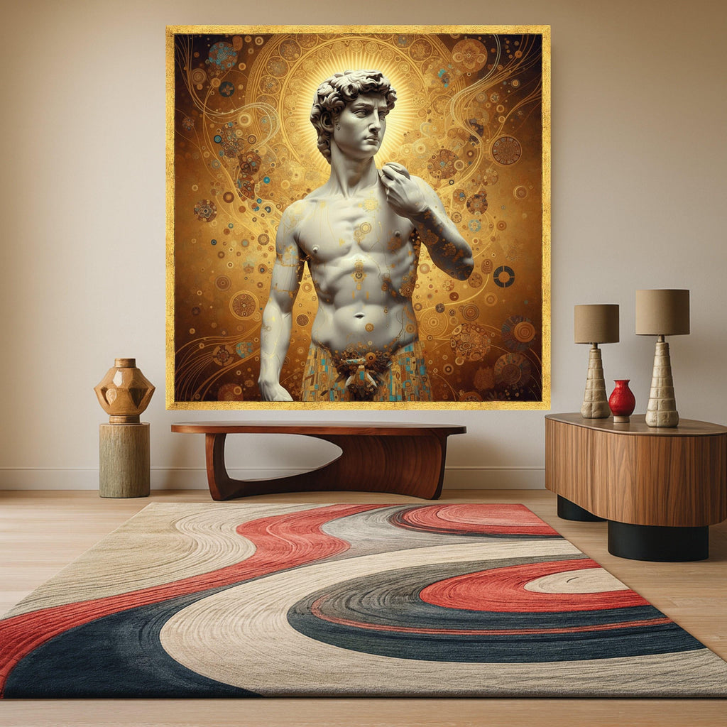 Classical David Sculpture Canvas with Gustav Klimt Gold Pattern, Renaissance Art Wall Decor, Decorative Canvas for Home, Ready To Hang,