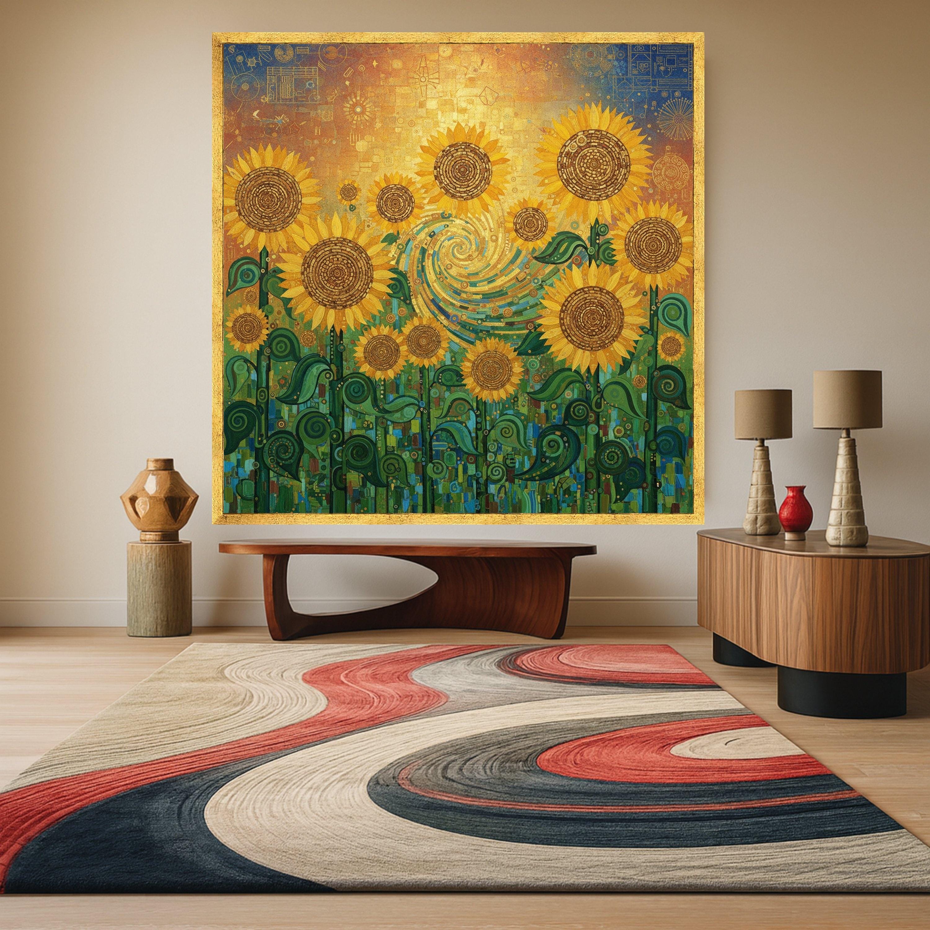 Gustav Klimt Sunflowers Canvas Wall Art, Vibrant Floral Painting, Yellow Sunflower Field Canvas, Decorative Botanical Canvas, Ready To Hang,