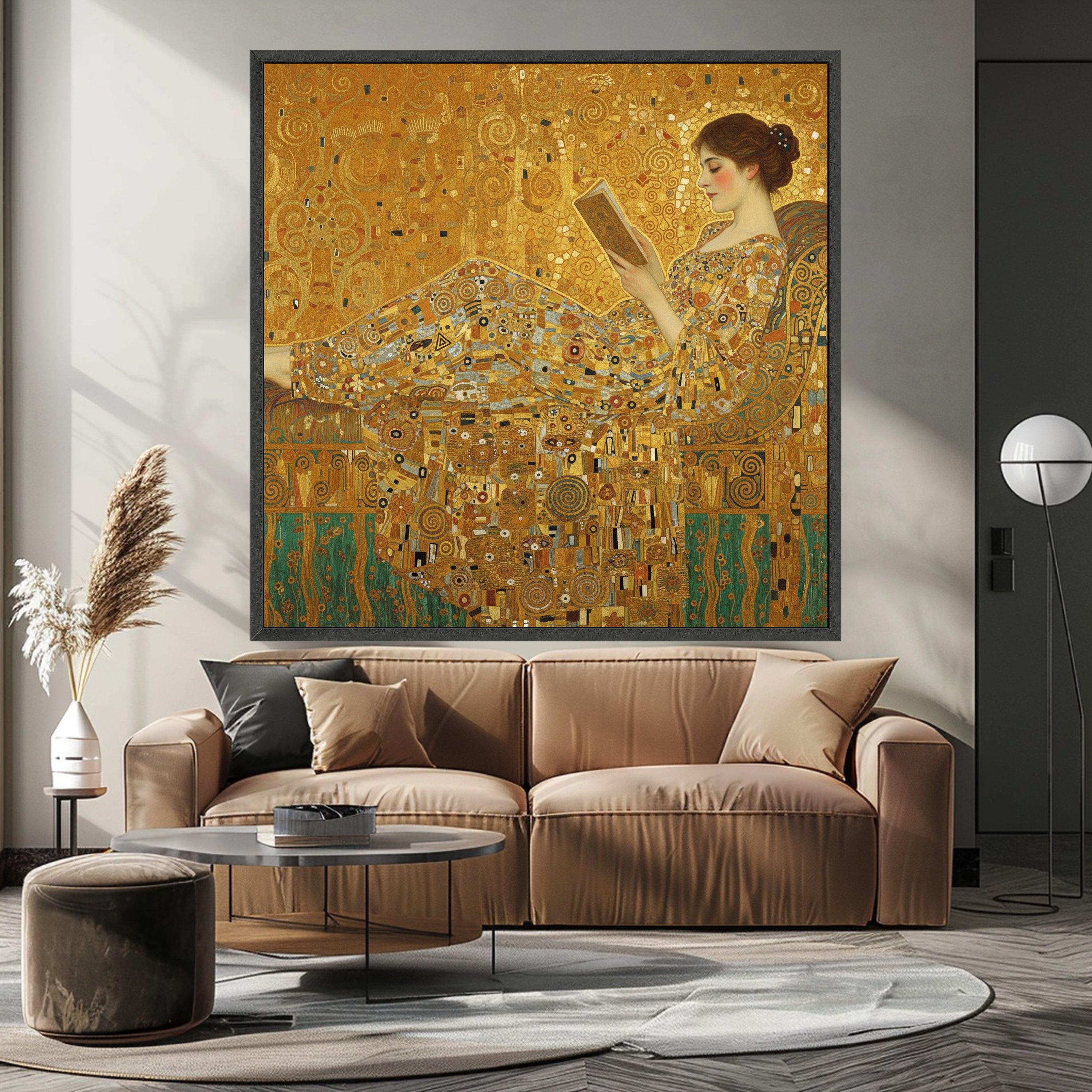 Gustav Klimt Reclining Woman Canvas Wall Art, Elegant Reading Scene, Decorative Gold Patterned Home Decor, Fine Art Ready To Hang,