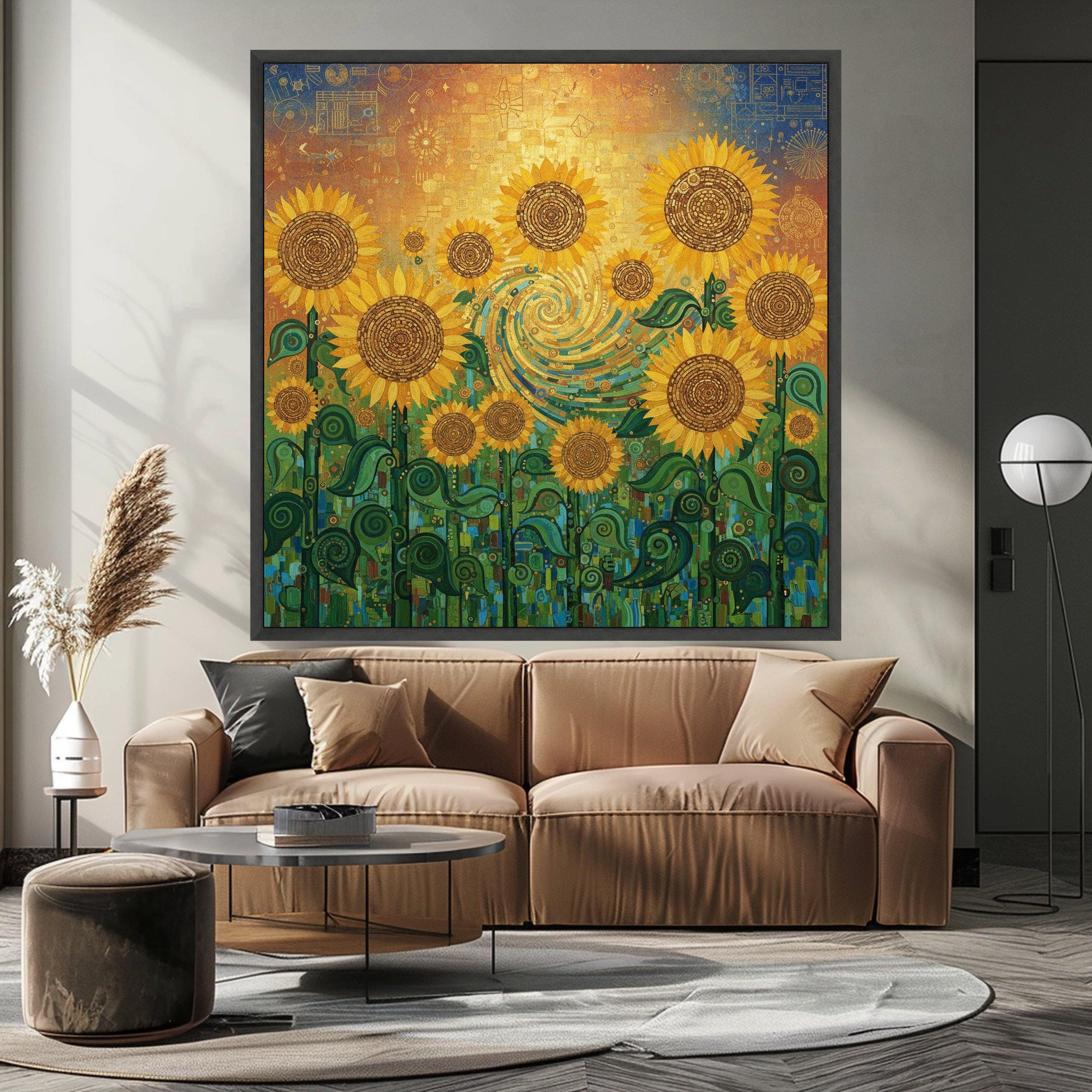 Gustav Klimt Sunflowers Canvas Wall Art, Vibrant Floral Painting, Yellow Sunflower Field Canvas, Decorative Botanical Canvas, Ready To Hang,
