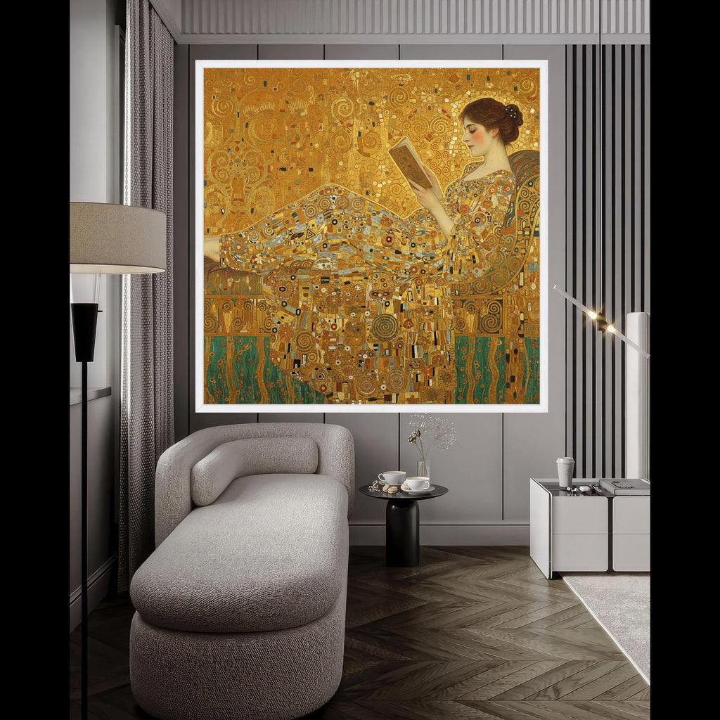 Gustav Klimt Reclining Woman Canvas Wall Art, Elegant Reading Scene, Decorative Gold Patterned Home Decor, Fine Art Ready To Hang,