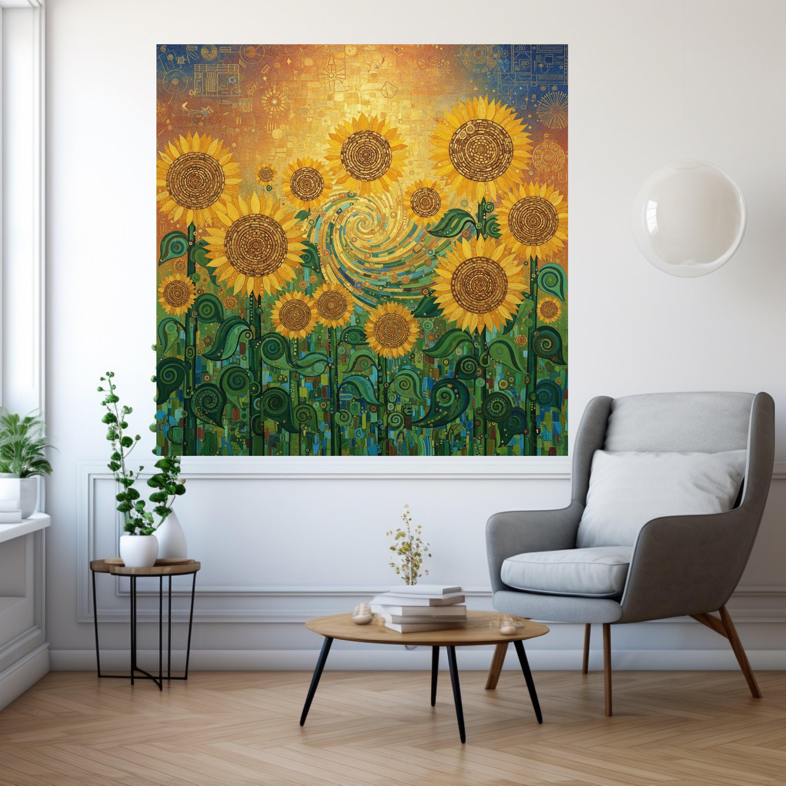 Gustav Klimt Sunflowers Canvas Wall Art, Vibrant Floral Painting, Yellow Sunflower Field Canvas, Decorative Botanical Canvas, Ready To Hang,