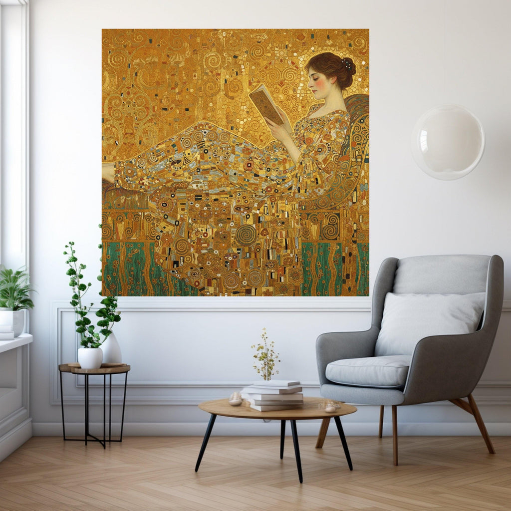 Gustav Klimt Reclining Woman Canvas Wall Art, Elegant Reading Scene, Decorative Gold Patterned Home Decor, Fine Art Ready To Hang,