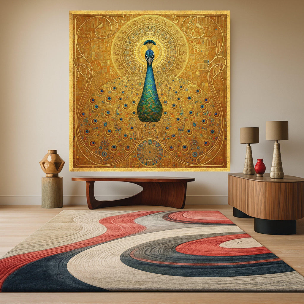 Majestic Peacock Canvas Wall Art by Gustav Klimt, Ornate Gold Decor, Vibrant Blue and Green Bird Painting, Elegant Nature Ready To Hang,
