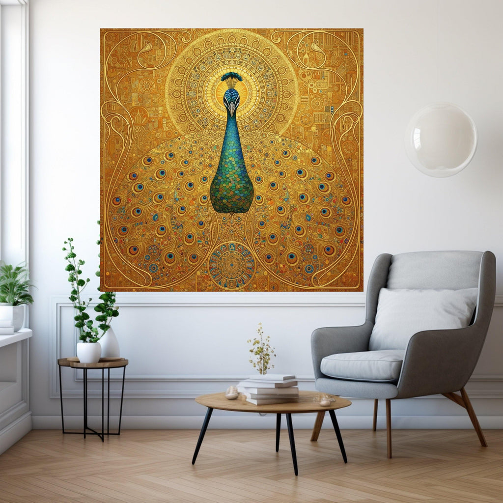 Majestic Peacock Canvas Wall Art by Gustav Klimt, Ornate Gold Decor, Vibrant Blue and Green Bird Painting, Elegant Nature Ready To Hang,