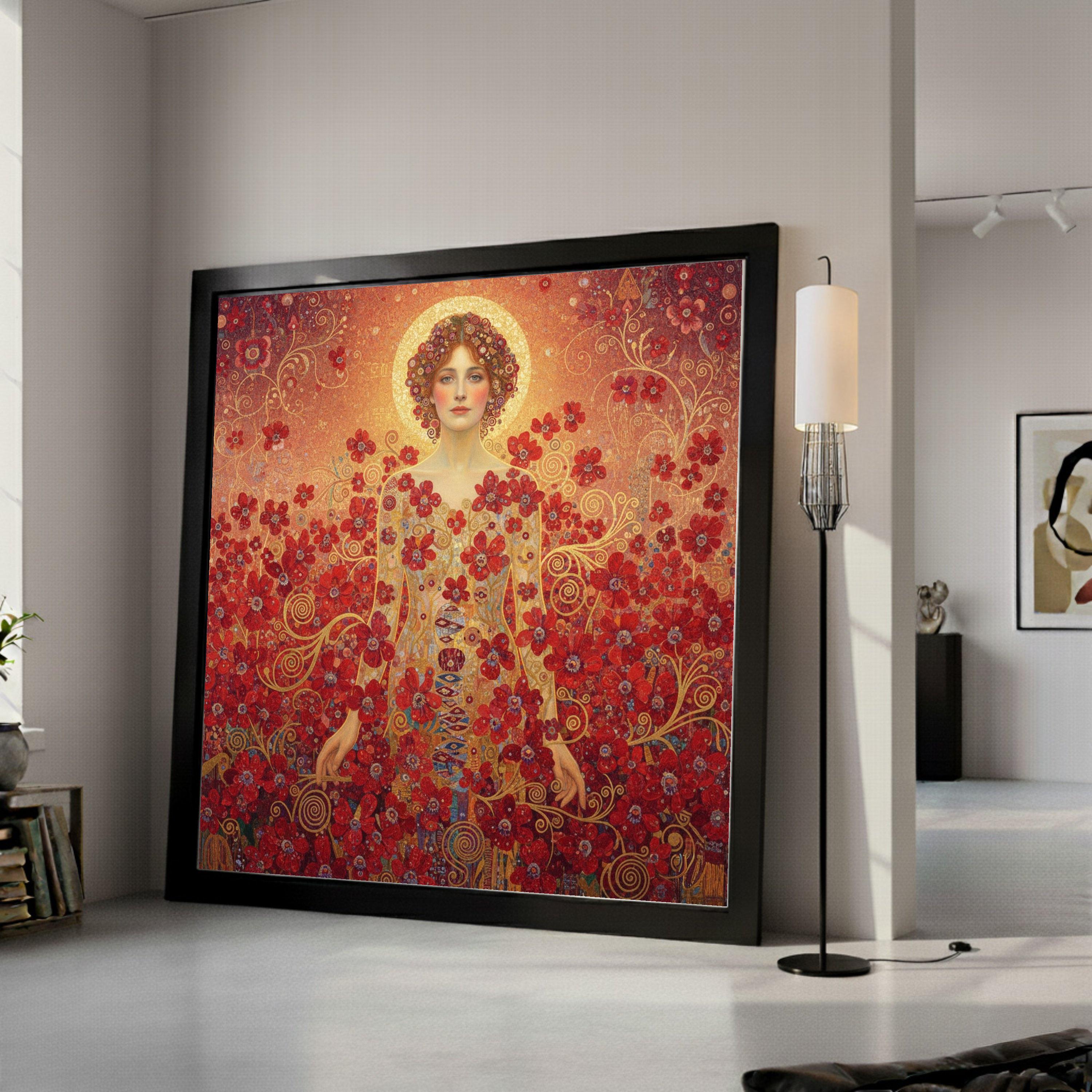 Gustav Klimt Woman with Red Flowers Canvas, Floral Portrait Wall Art, Elegant Female Figure Canvas, Decorative Home Art Print Ready To Hang,