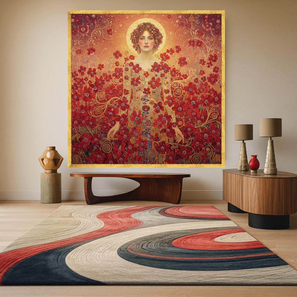 Gustav Klimt Woman with Red Flowers Canvas, Floral Portrait Wall Art, Elegant Female Figure Canvas, Decorative Home Art Print Ready To Hang,