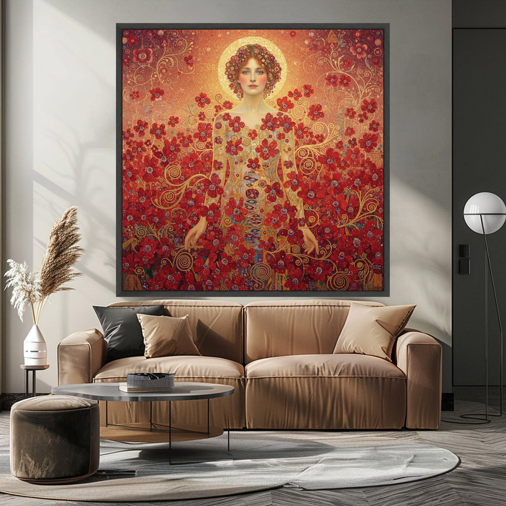 Gustav Klimt Woman with Red Flowers Canvas, Floral Portrait Wall Art, Elegant Female Figure Canvas, Decorative Home Art Print Ready To Hang,