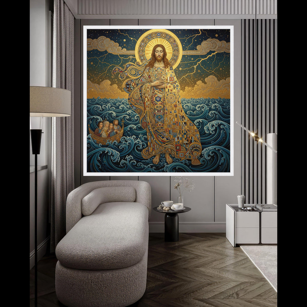 Gustav Klimt Jesus Walking on Water Canvas, Religious Wall Art, Spiritual Home Decoration, Golden Halo Canvas, Christian Ready To Hang,