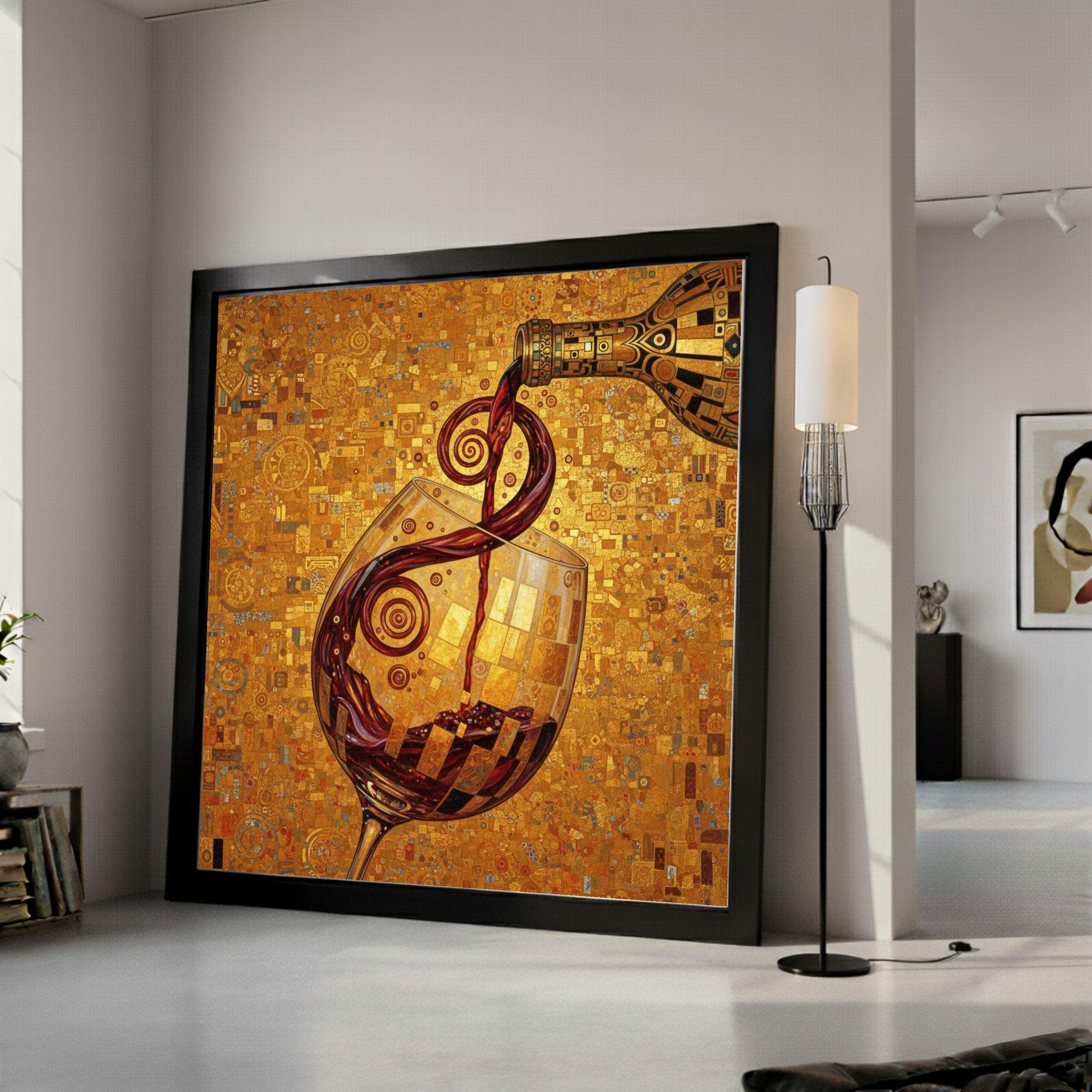 Gustav Klimt Wine Pour Canvas, Decorative Wine Glass Wall Art, Abstract Golden Background, Alcohol Beverage Canvas, Home Bar Ready To Hang,