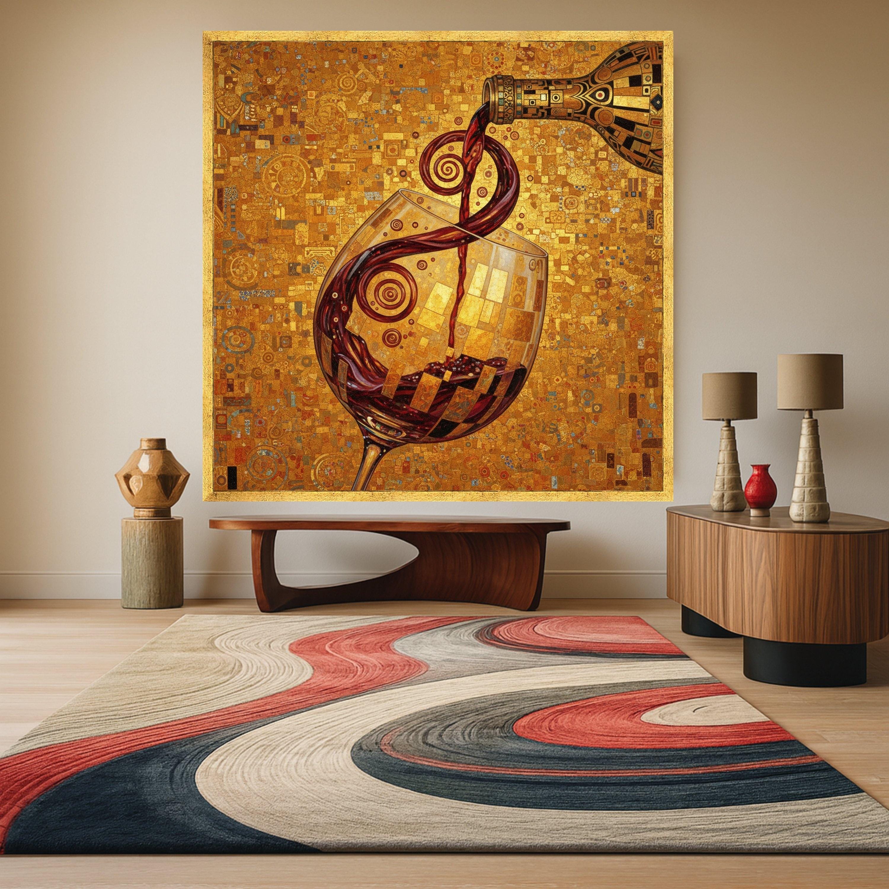 Gustav Klimt Wine Pour Canvas, Decorative Wine Glass Wall Art, Abstract Golden Background, Alcohol Beverage Canvas, Home Bar Ready To Hang,