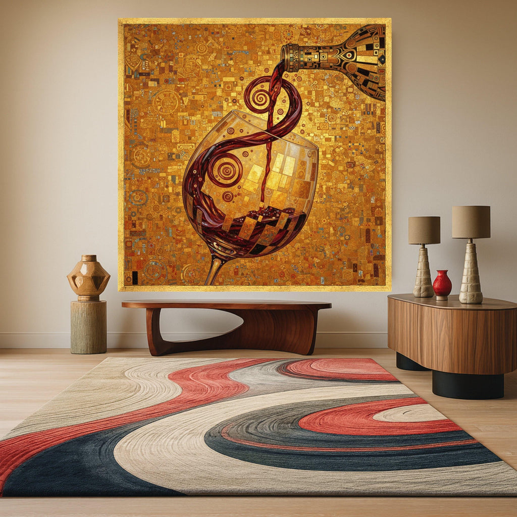 Gustav Klimt Wine Pour Canvas, Decorative Wine Glass Wall Art, Abstract Golden Background, Alcohol Beverage Canvas, Home Bar Ready To Hang,