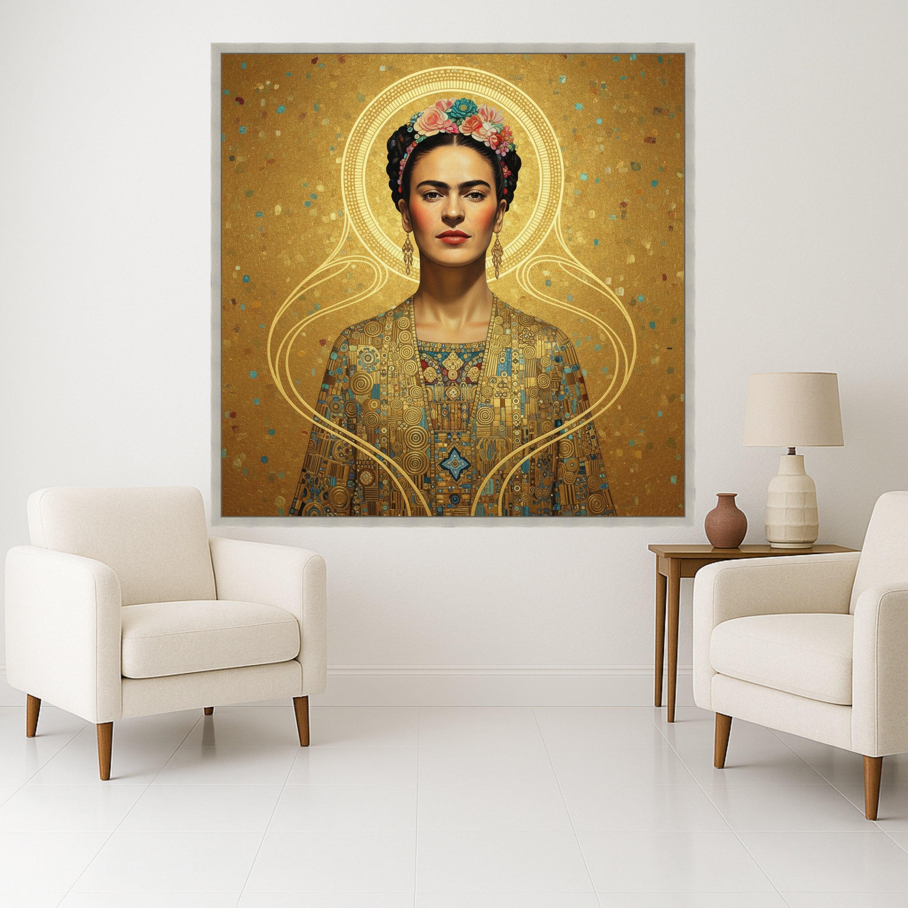 Gustav Klimt Inspired Portrait Canvas, Golden Geometric Pattern Wall Art, Decorative Female Figure, Luxe Home Decoration Ready To Hang,